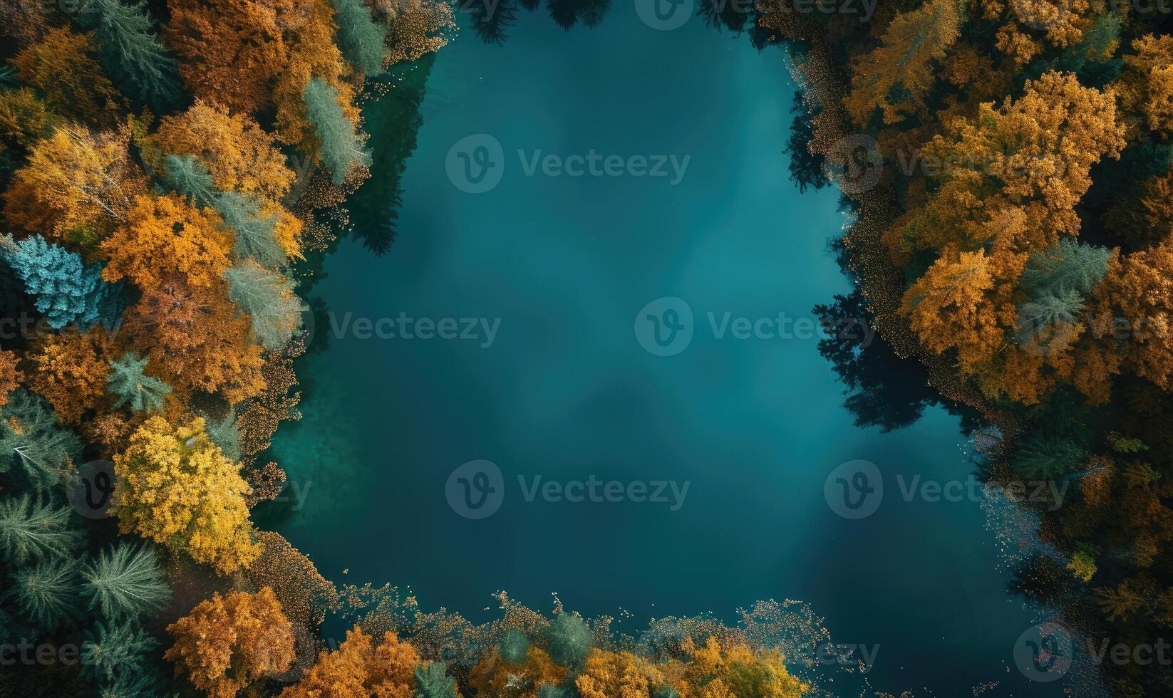 ai generato aereo Visualizza di un' lago con alberi nel il foresta a tramonto foto