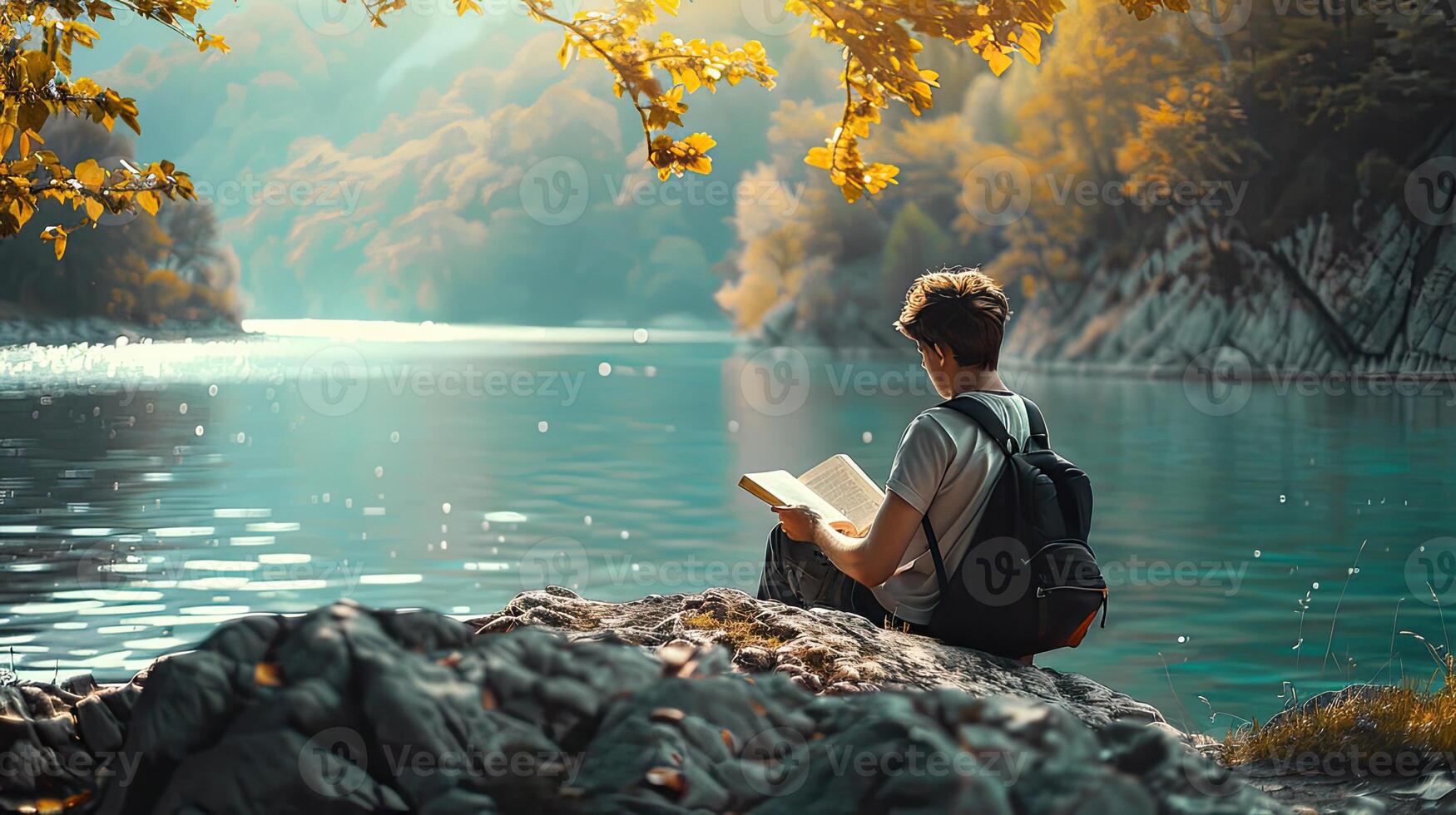 ai generato un' persona immersa nel un' libro di il tranquillo, calmo sponde del lago, circondato di sereno acque e sereno naturale bellezza. foto