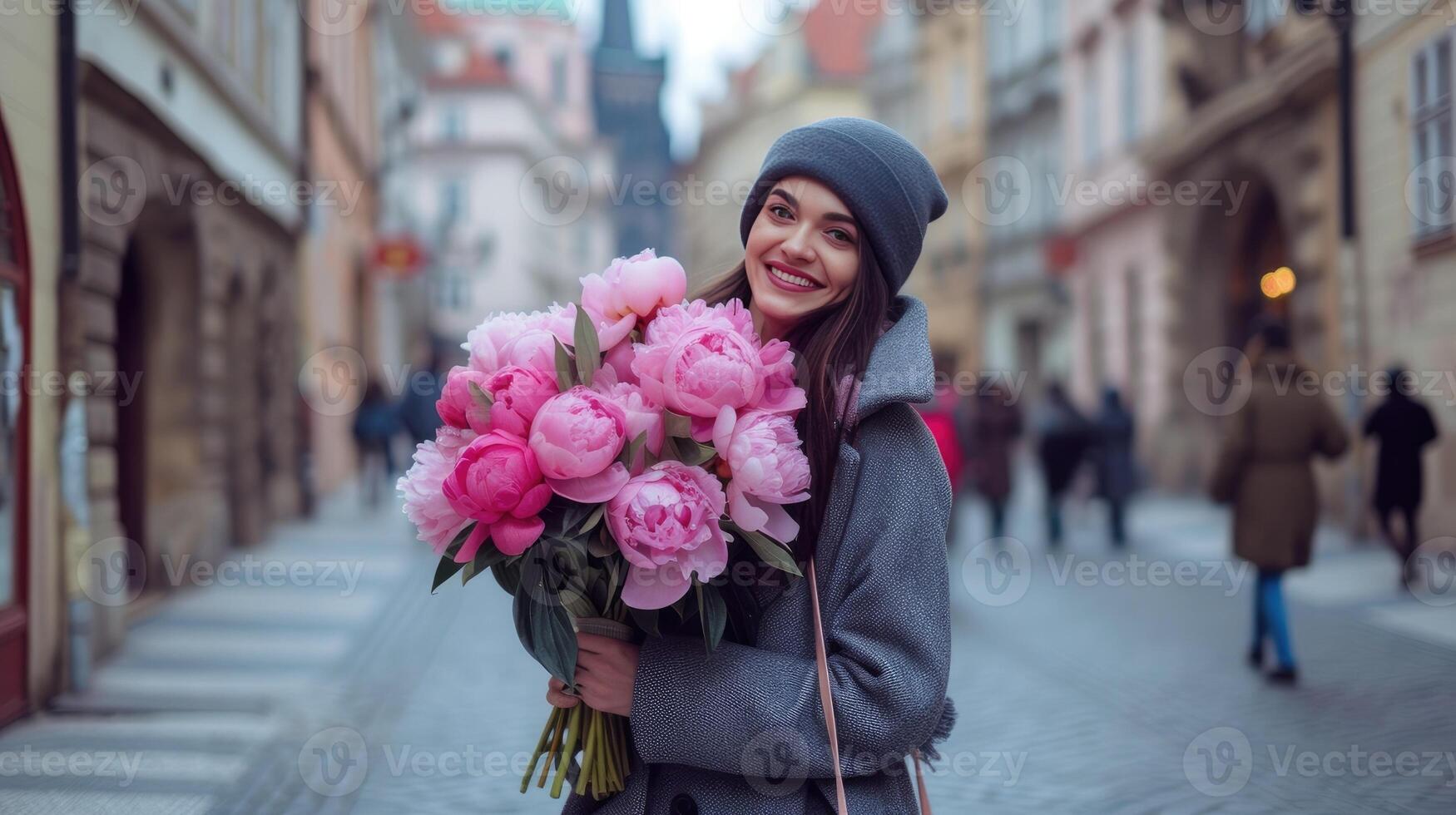 ai generato un' 35 anni donna, sua viso illuminato di un' luminosa Sorridi come lei con grazia detiene un' grande mazzo di peonie, sua alto statura e elegante cappotto aggiungendo per il fascino di il scena. foto