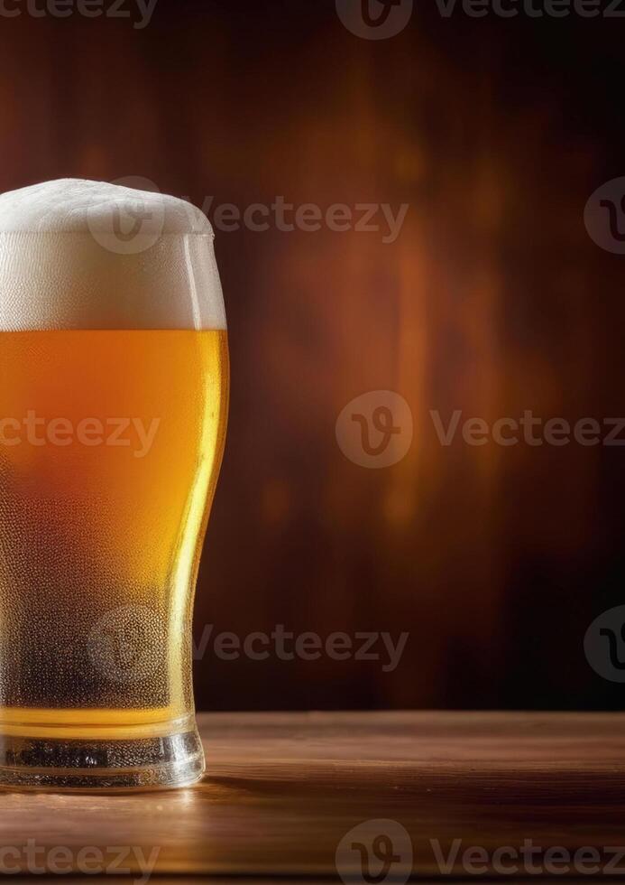 ai generato nazionale birra giorno, mondo del barista giorno, schiumoso bevanda su il sbarra, bicchiere di birra, buio di legno sfondo, verticale striscione, posto per testo foto