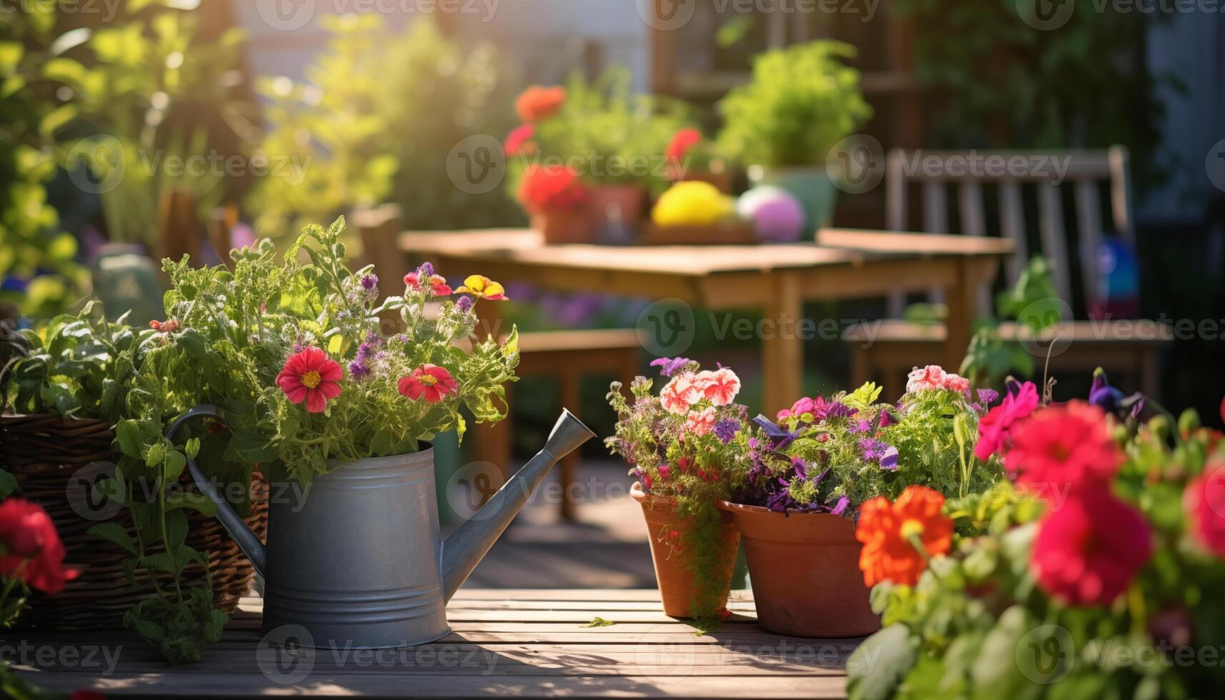 ai generato composizione di giardinaggio utensili e fiori foto