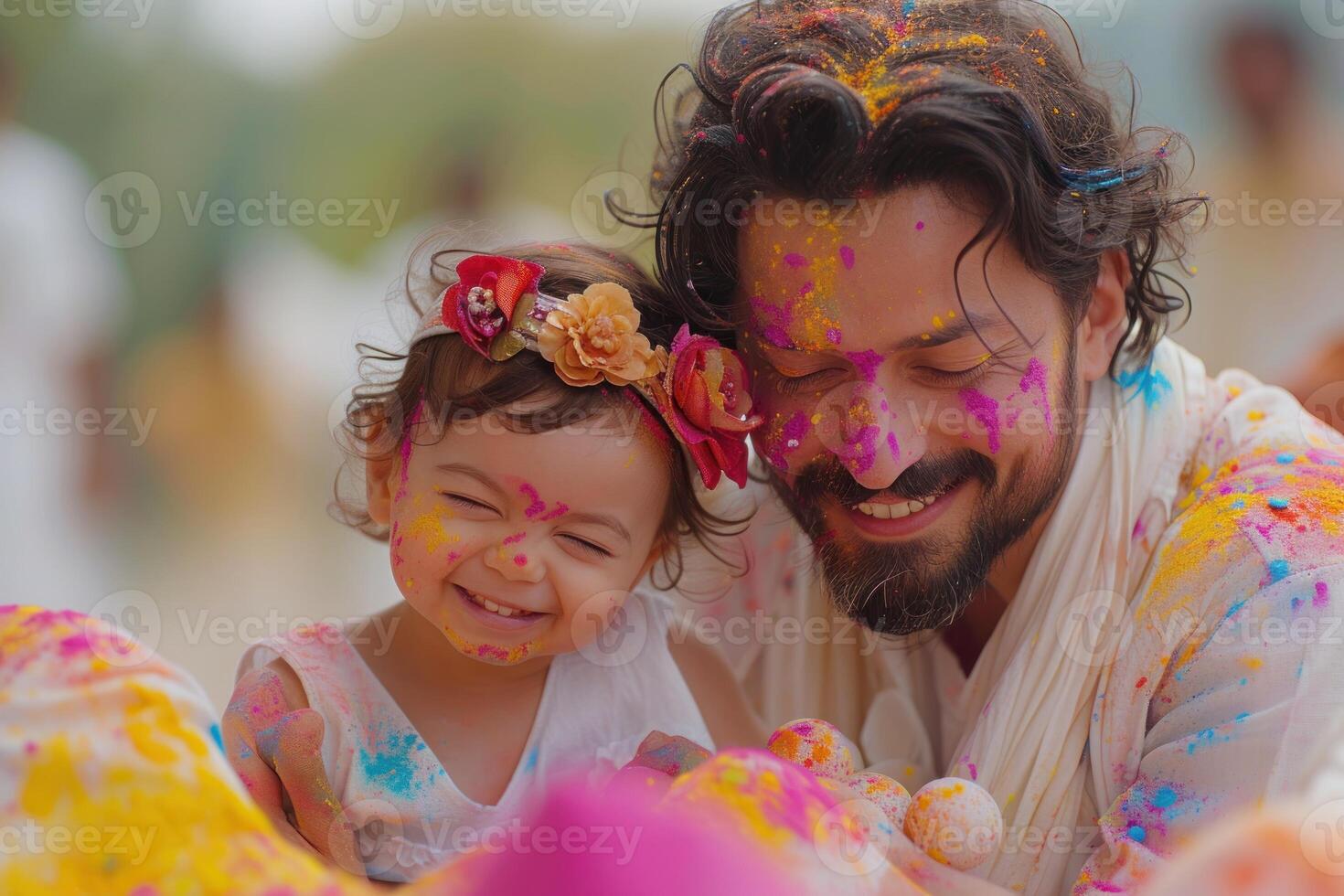 ai generato famiglia bonding al di sopra di holi colore giocare a. un' famiglia gode un' avvicinamento momento, facce coperto con vivace holi colori, radiante gioia e solidarieta. foto