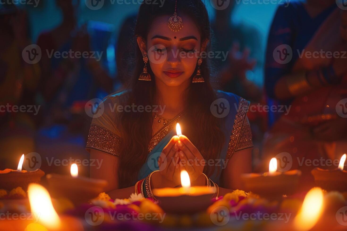 ai generato devoto donna preghiere in mezzo Diwali diyas. giovane donna nel tradizionale abbigliamento preghiere con piegato mani, circondato di illuminato Diwali terroso lampade. foto