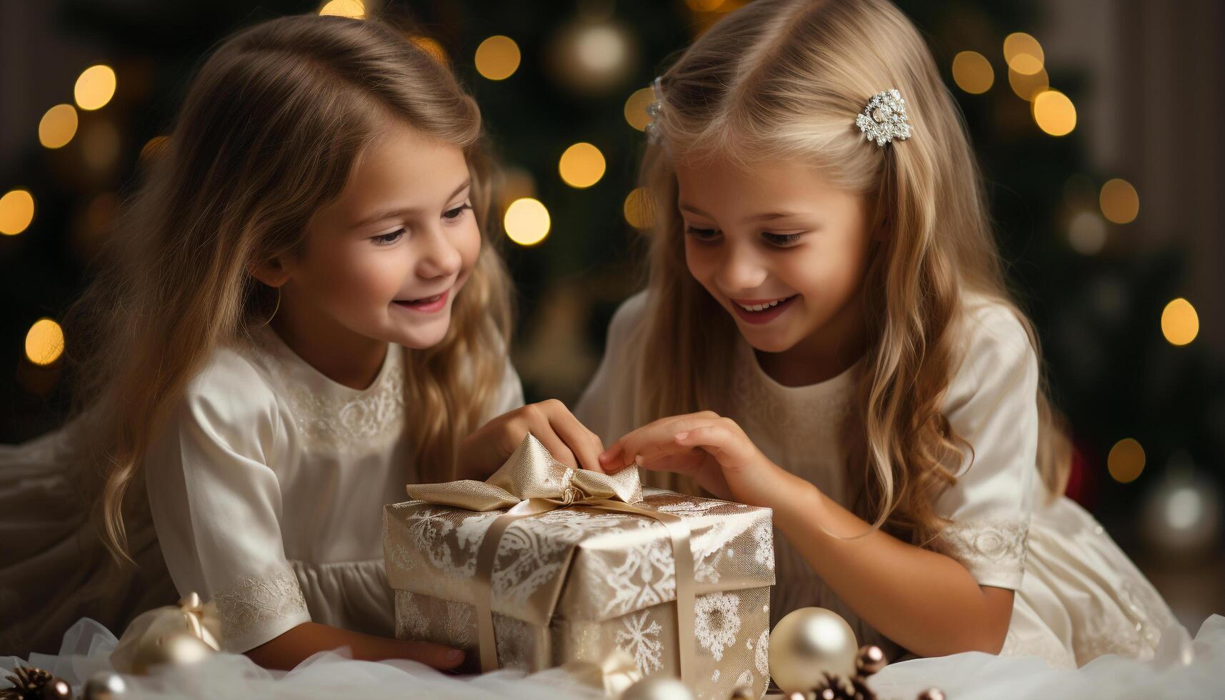 ai generato carino ragazze sorridente, festeggiare Natale, decorazione albero con famiglia generato di ai foto