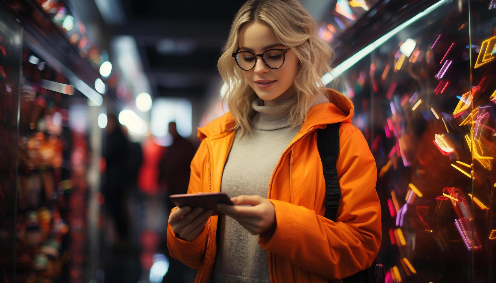 ai generato giovane donna sorridente, Tenere smartphone, shopping nel illuminato città generato di ai foto