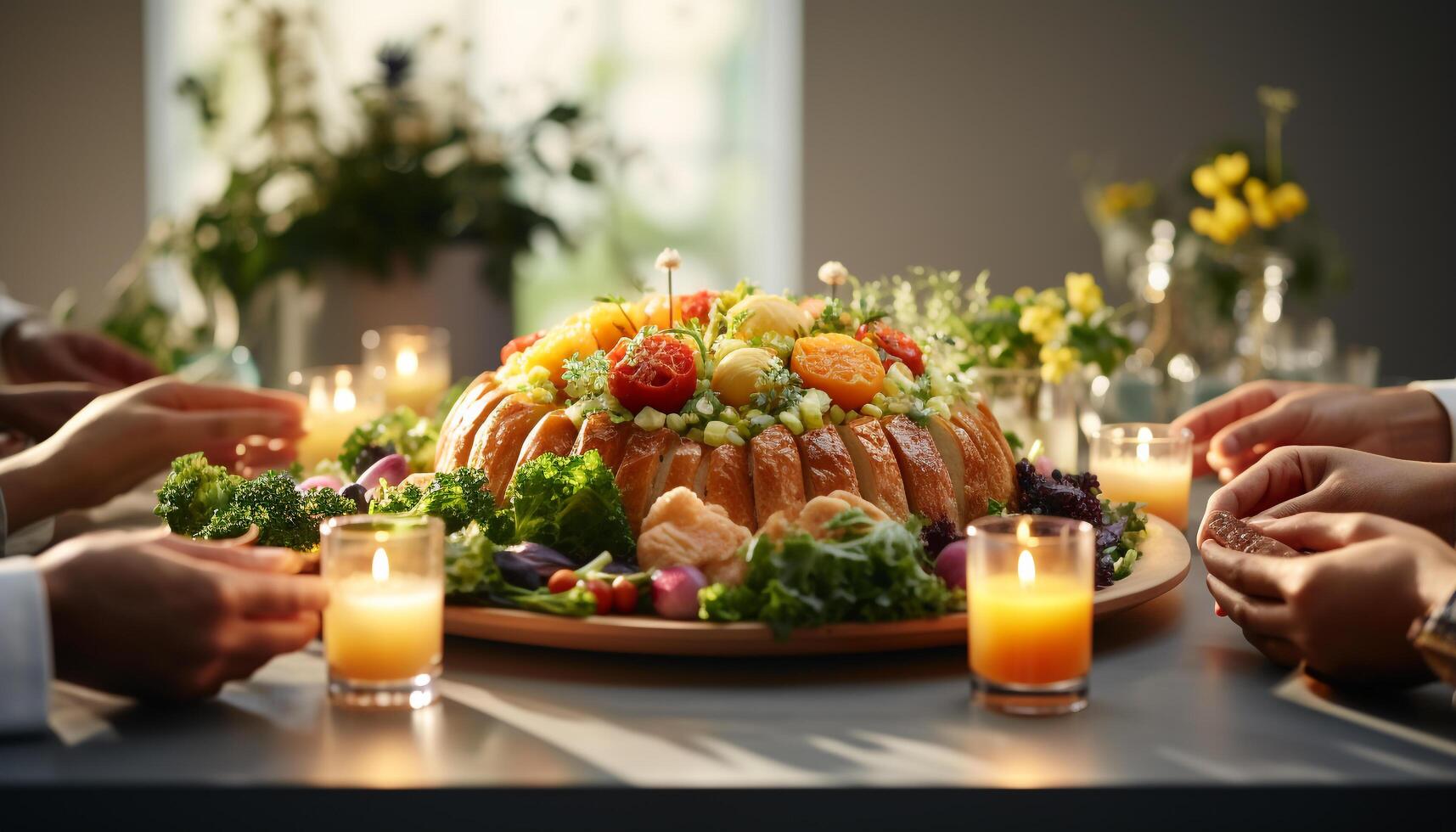 ai generato un' buongustaio pasto, fresco insalata, e vino per un' celebrazione generato di ai foto