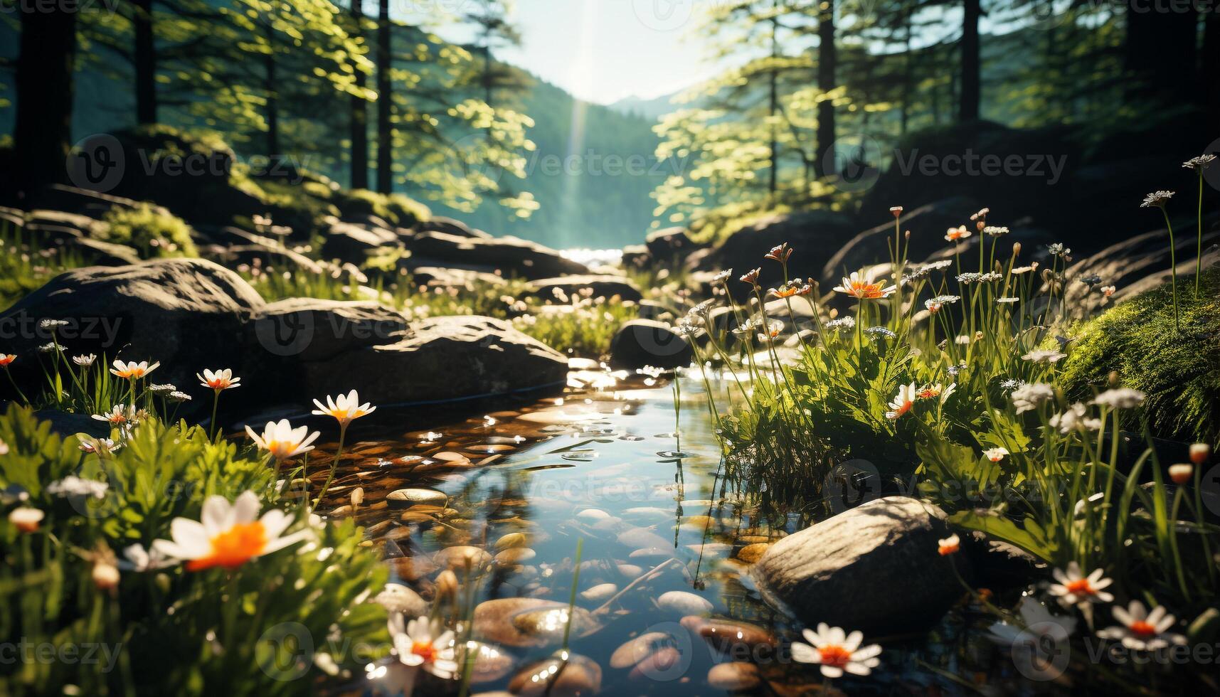 ai generato tranquillo scena verde prato, fluente acqua, autunno foglie, sereno tramonto generato di ai foto