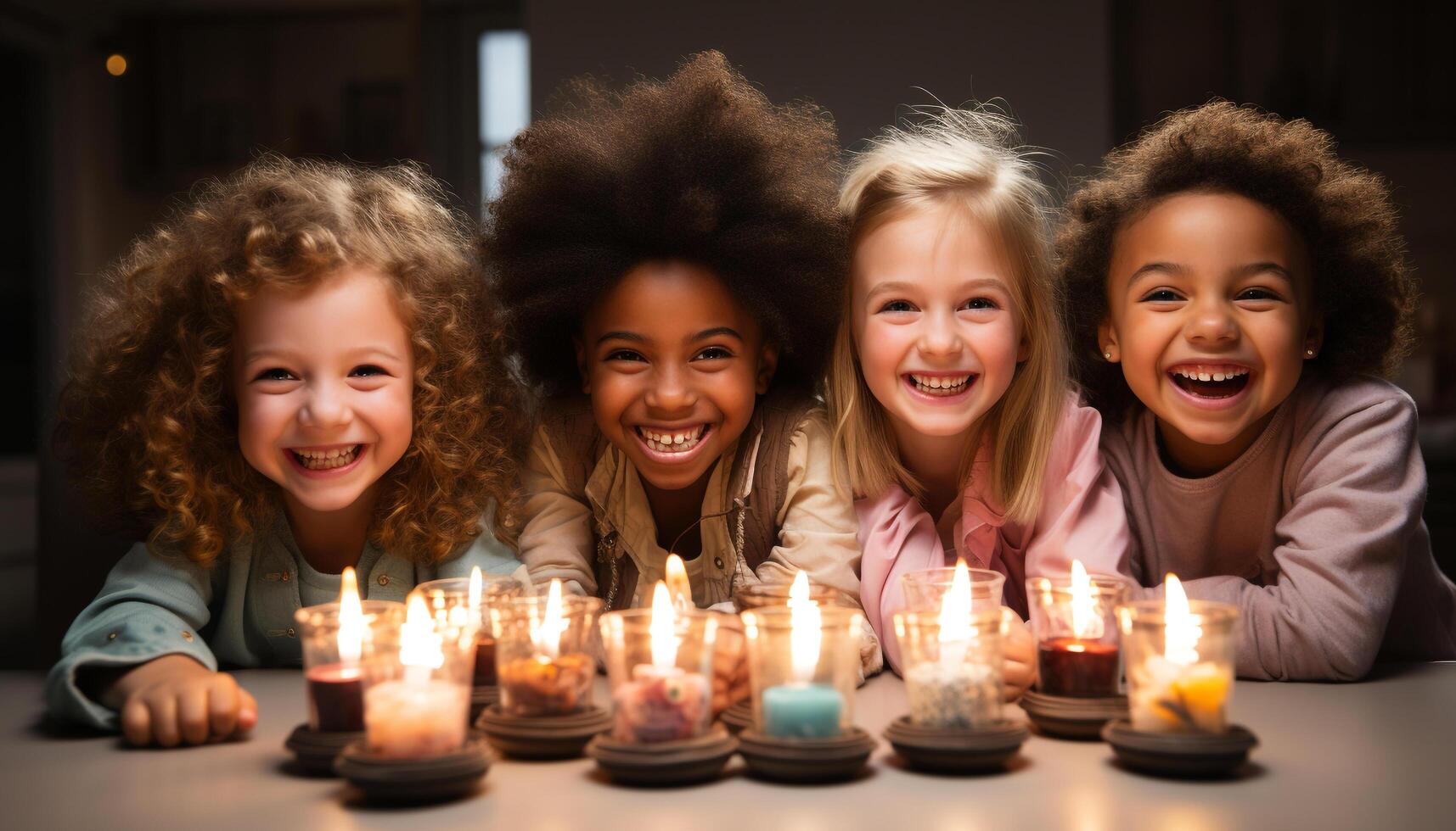 ai generato sorridente ragazze, allegro ragazzi, carino bambini giocando, festeggiare compleanno generato di ai foto