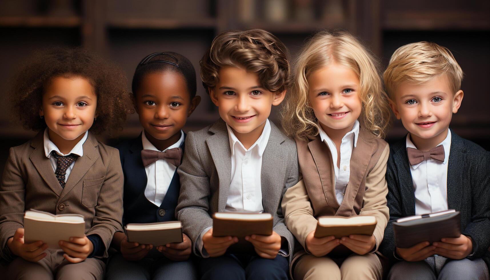 ai generato sorridente bambini seduta al chiuso, guardare a telecamera, apprendimento felicemente generato di ai foto