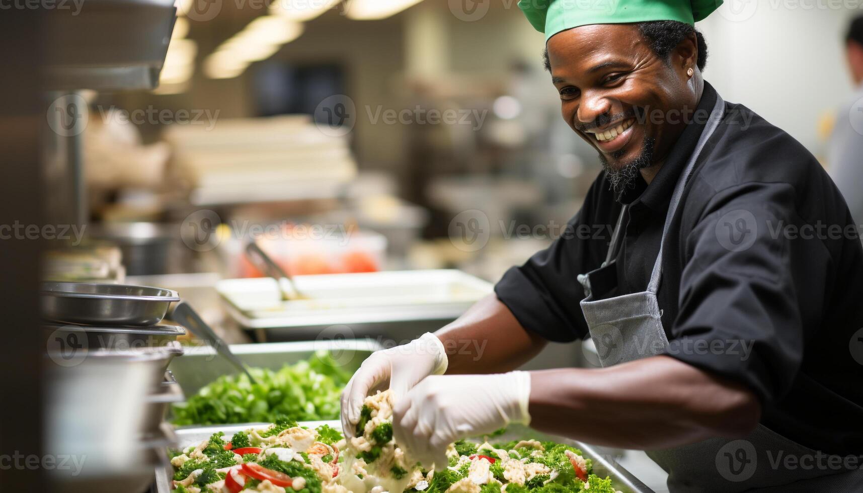 ai generato un' fiducioso capocuoco preparazione fresco la verdura, sorridente nel commerciale cucina generato di ai foto