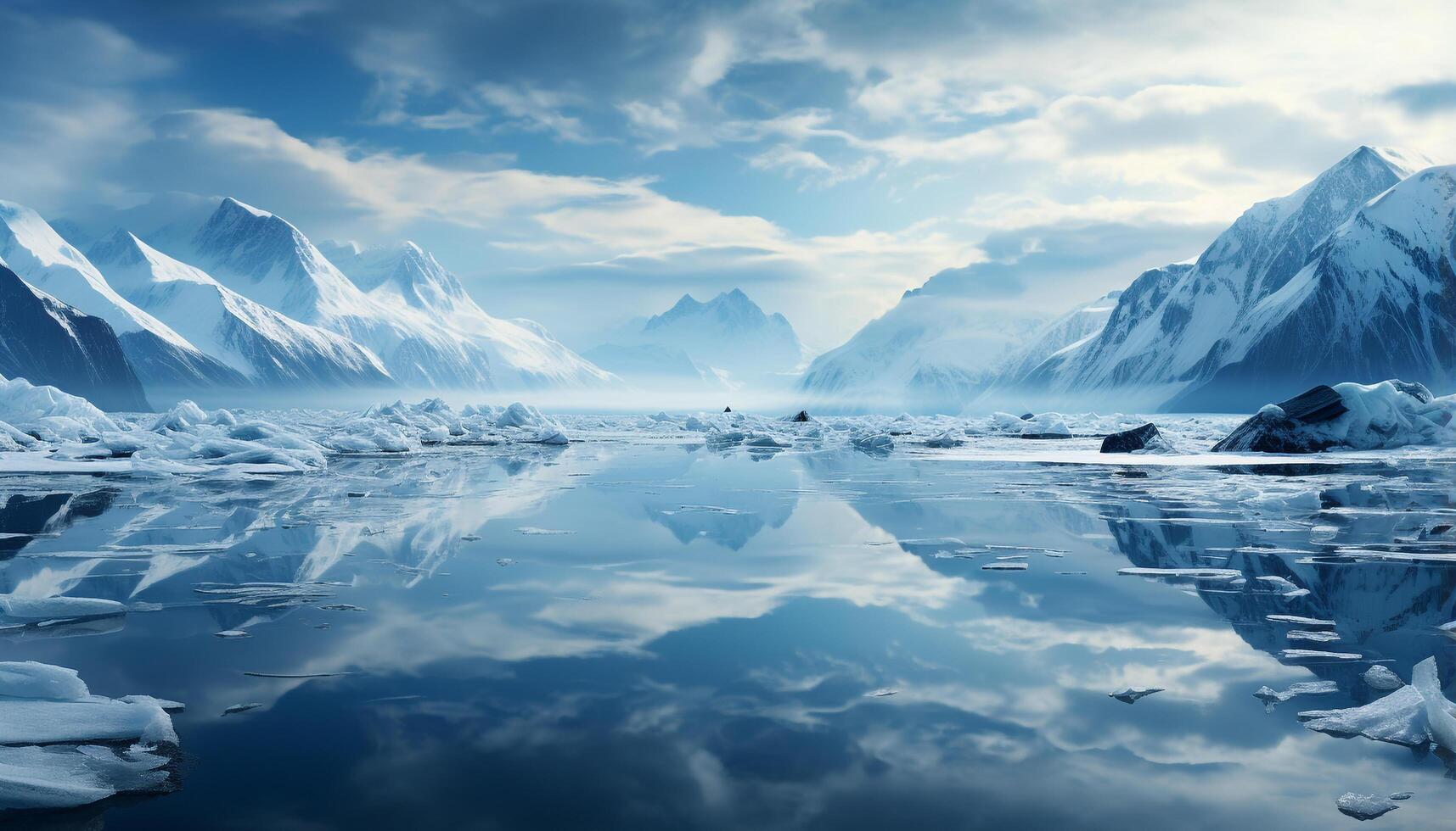 ai generato maestoso montagna gamma riflette tranquillo bellezza nel congelato artico paesaggio generato di ai foto