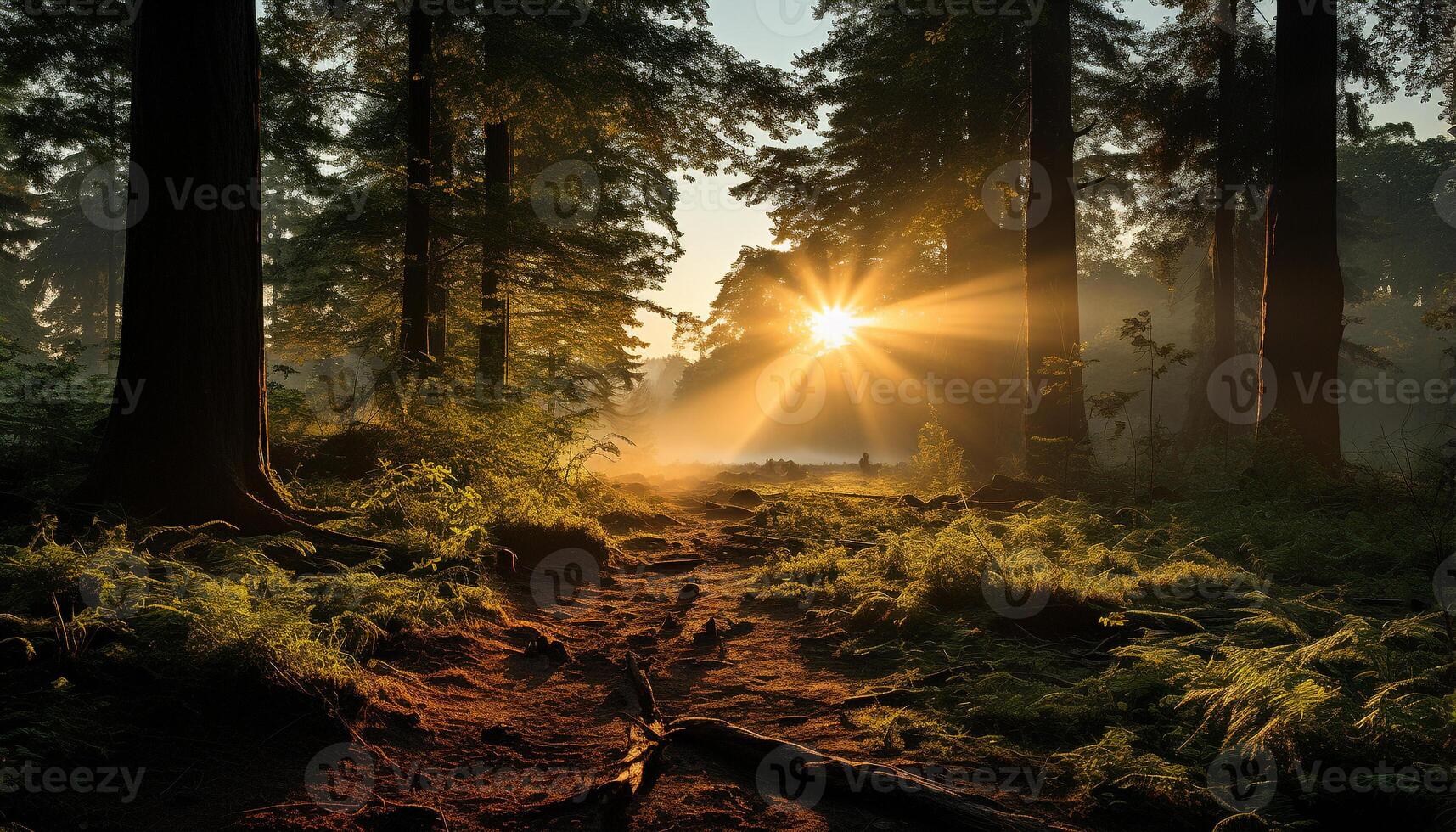 ai generato tranquillo autunno prato, luce del sole filtri attraverso nebbioso conifero foresta generato di ai foto