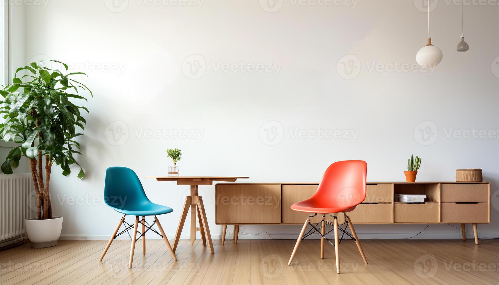ai generato moderno appartamento con luminosa, elegante interno confortevole sedia, di legno tavolo, creativo arredamento generato di ai foto