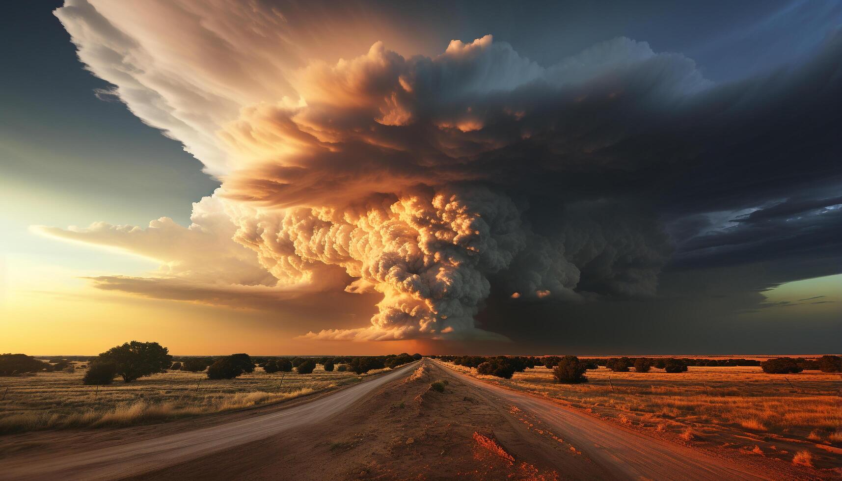 ai generato tramonto cielo al di sopra di rurale paesaggio, natura bellezza nel ardente distruzione generato di ai foto