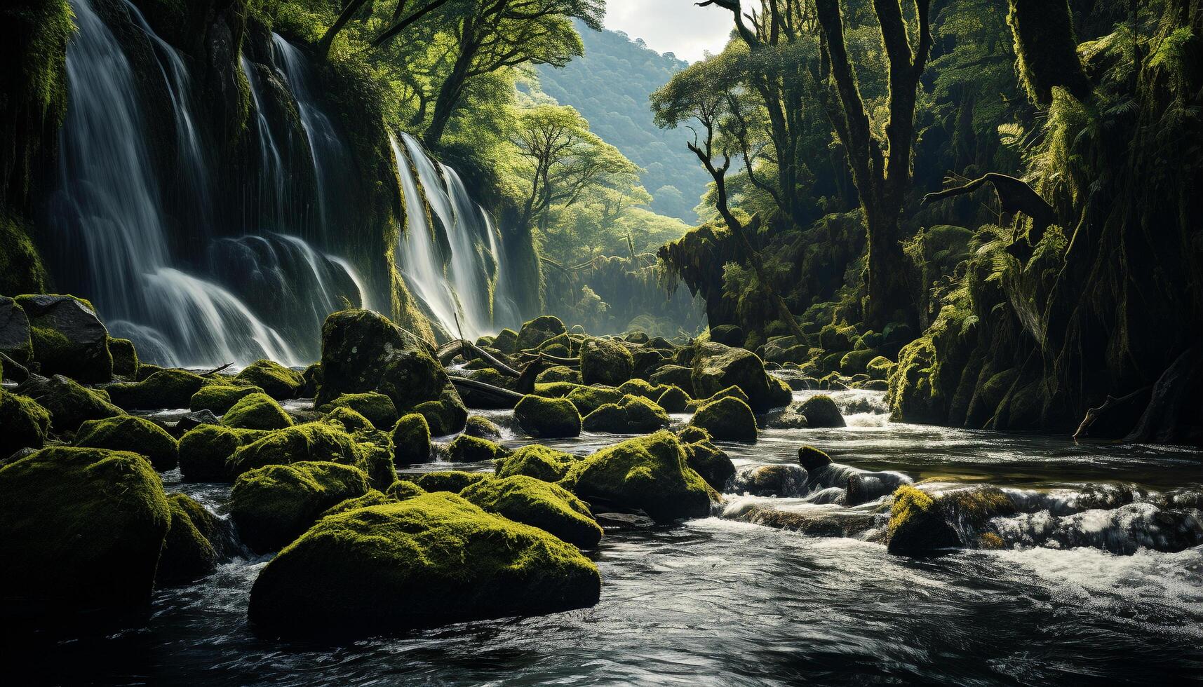 ai generato tranquillo scena fluente acqua, verde foresta, maestoso montagne, natura bellezza generato di ai foto