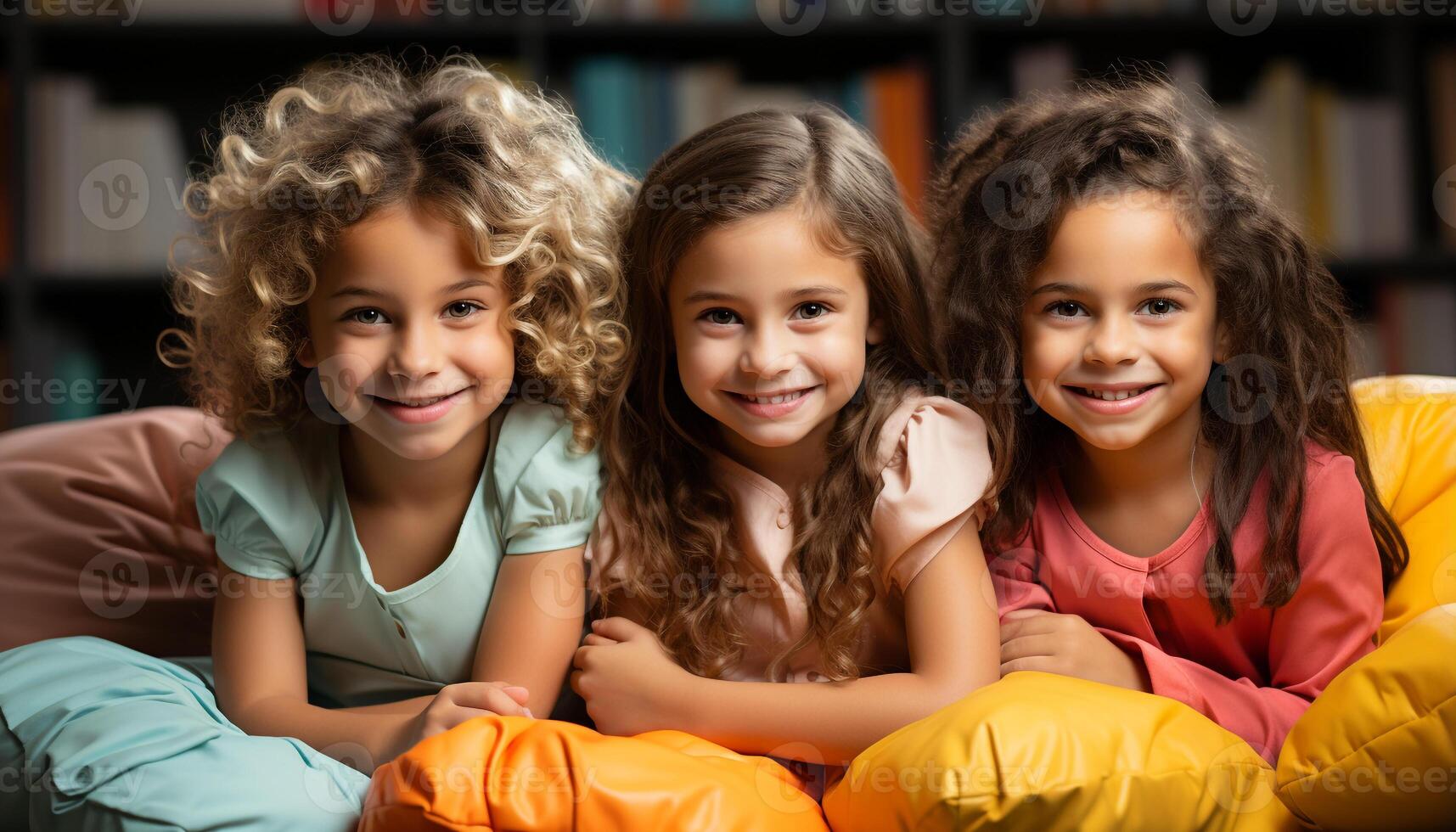 ai generato sorridente ragazze e ragazzi, allegro e carino, guardare a telecamera generato di ai foto