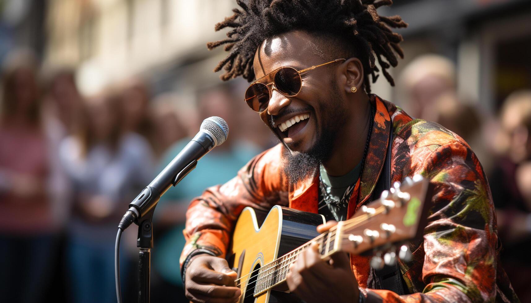 ai generato africano musicista esegue, chitarra strimpellate, folla Saluti, gioia riempimenti palcoscenico generato di ai foto