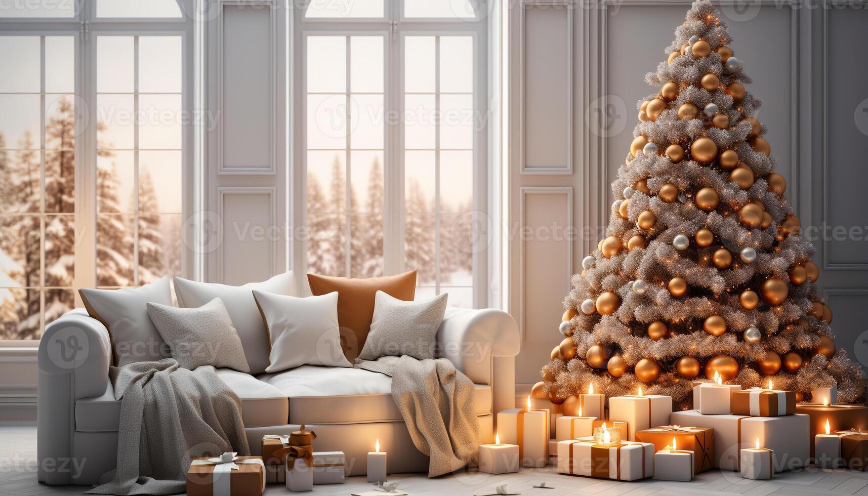 ai generato accogliente vivente camera con moderno decorazione, illuminato Natale albero generato di ai foto