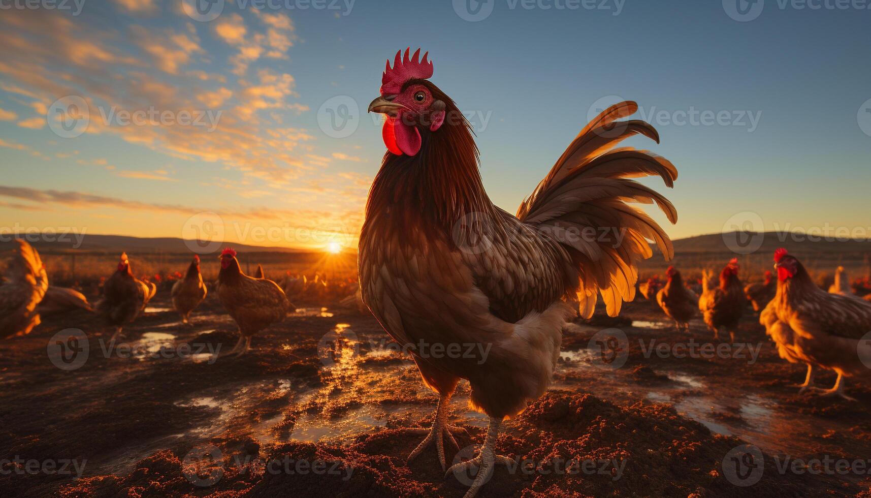 ai generato maestoso Gallo sta nel il tramonto, canto su il azienda agricola generato di ai foto