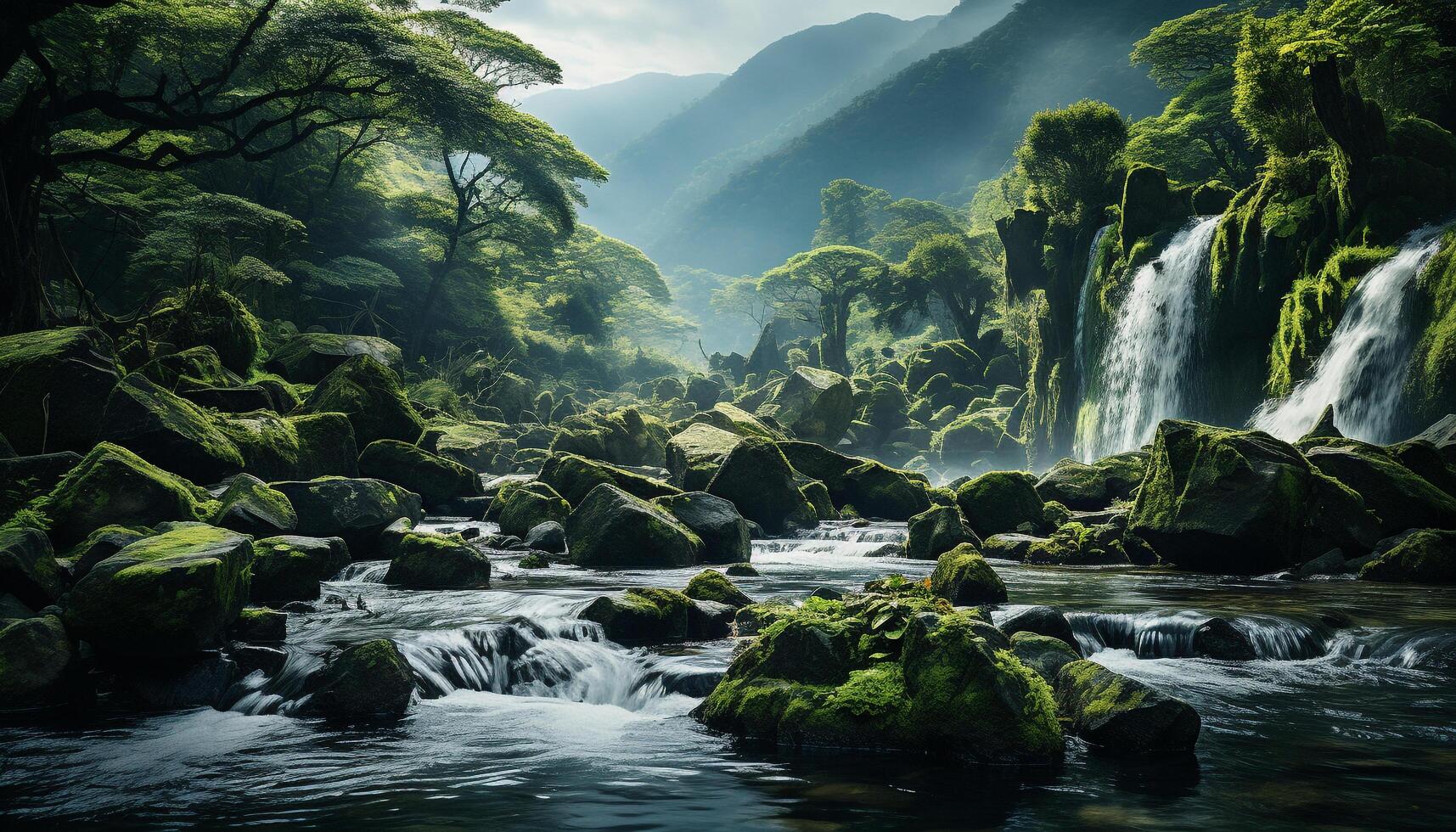 ai generato montagna picco, circondato di foresta, con fluente acqua e spray generato di ai foto