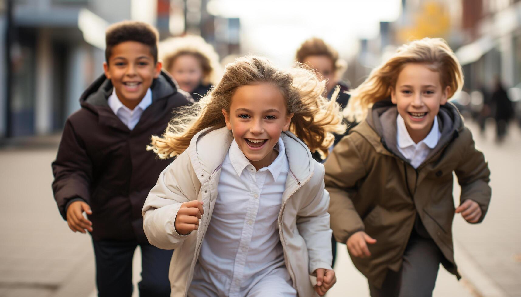 ai generato un' gruppo di allegro figli, sorridente e giocando all'aperto generato di ai foto