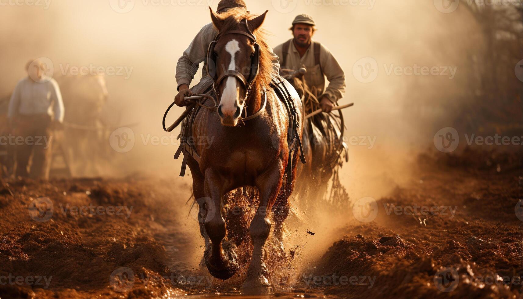 ai generato uomini su groppa da corsa attraverso il polveroso ranch, pieno velocità generato di ai foto