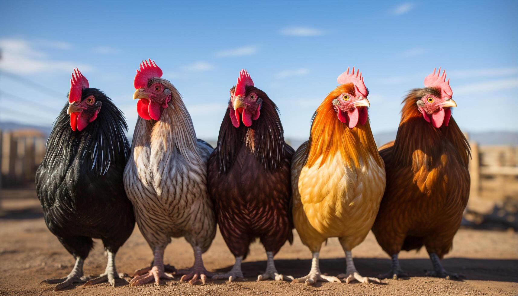 ai generato un' maestoso Gallo sta nel un' riga di Multi colorato polli generato di ai foto