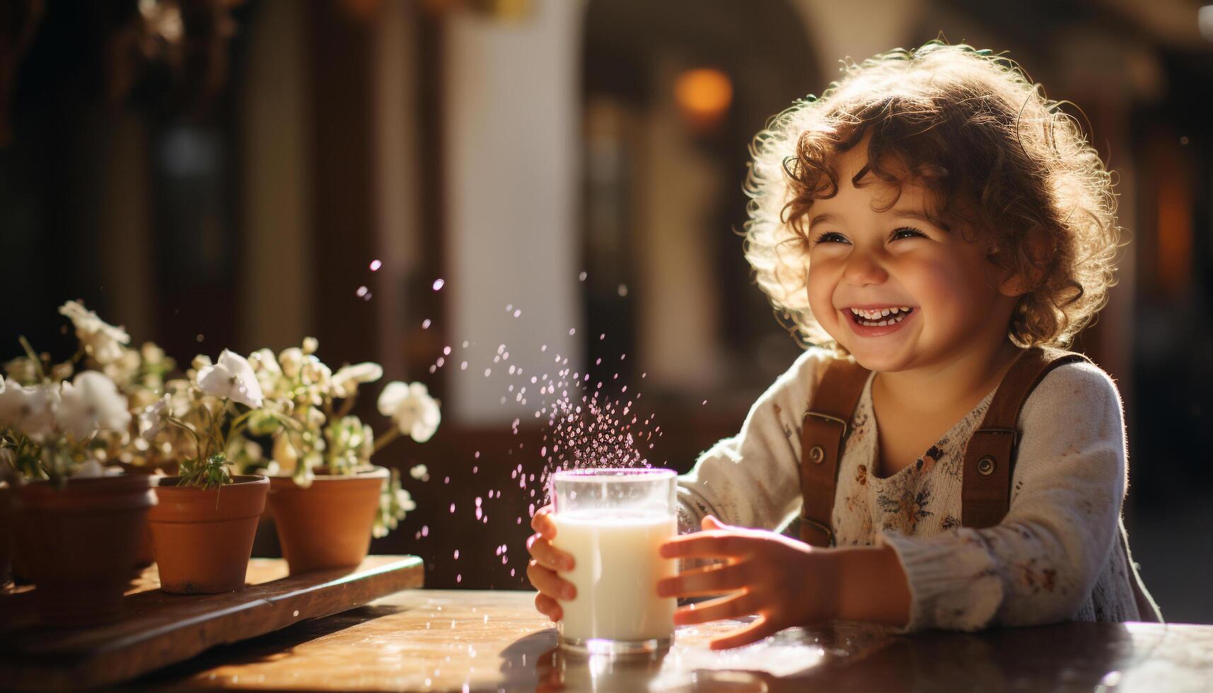 ai generato sorridente bambino godendo latte, seduta a tavolo, guardare a telecamera generato di ai foto