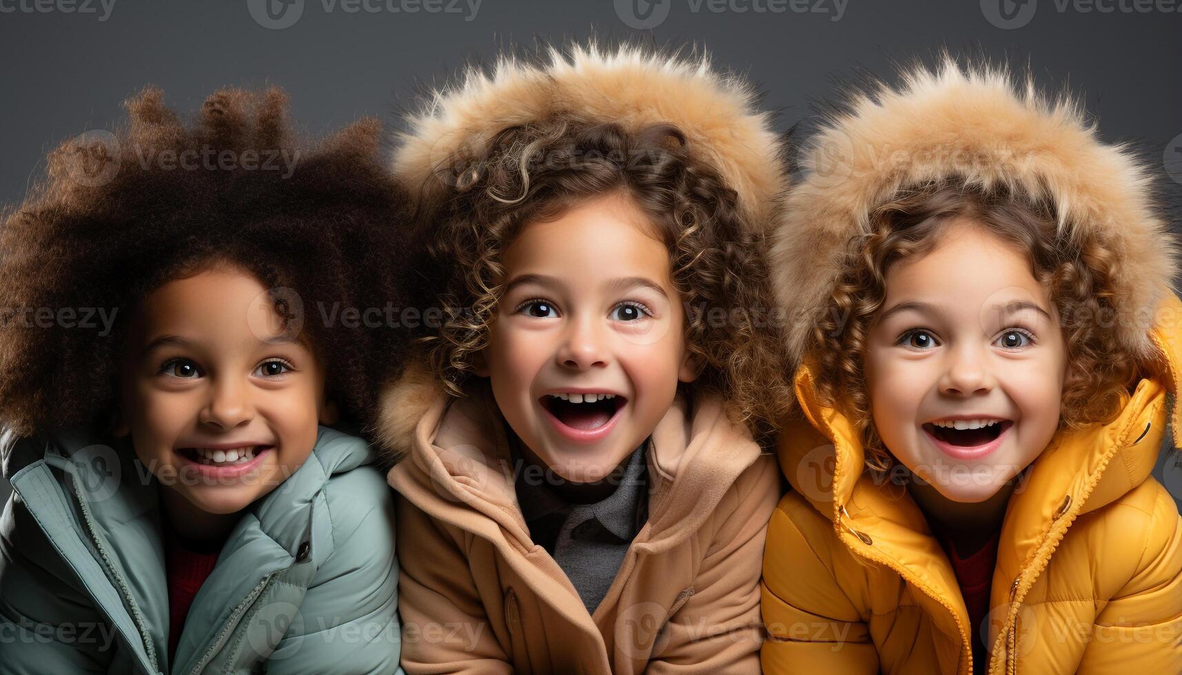 ai generato sorridente bambini giocando, ridendo, godendo natura, la creazione di gioioso infanzia ricordi generato di ai foto