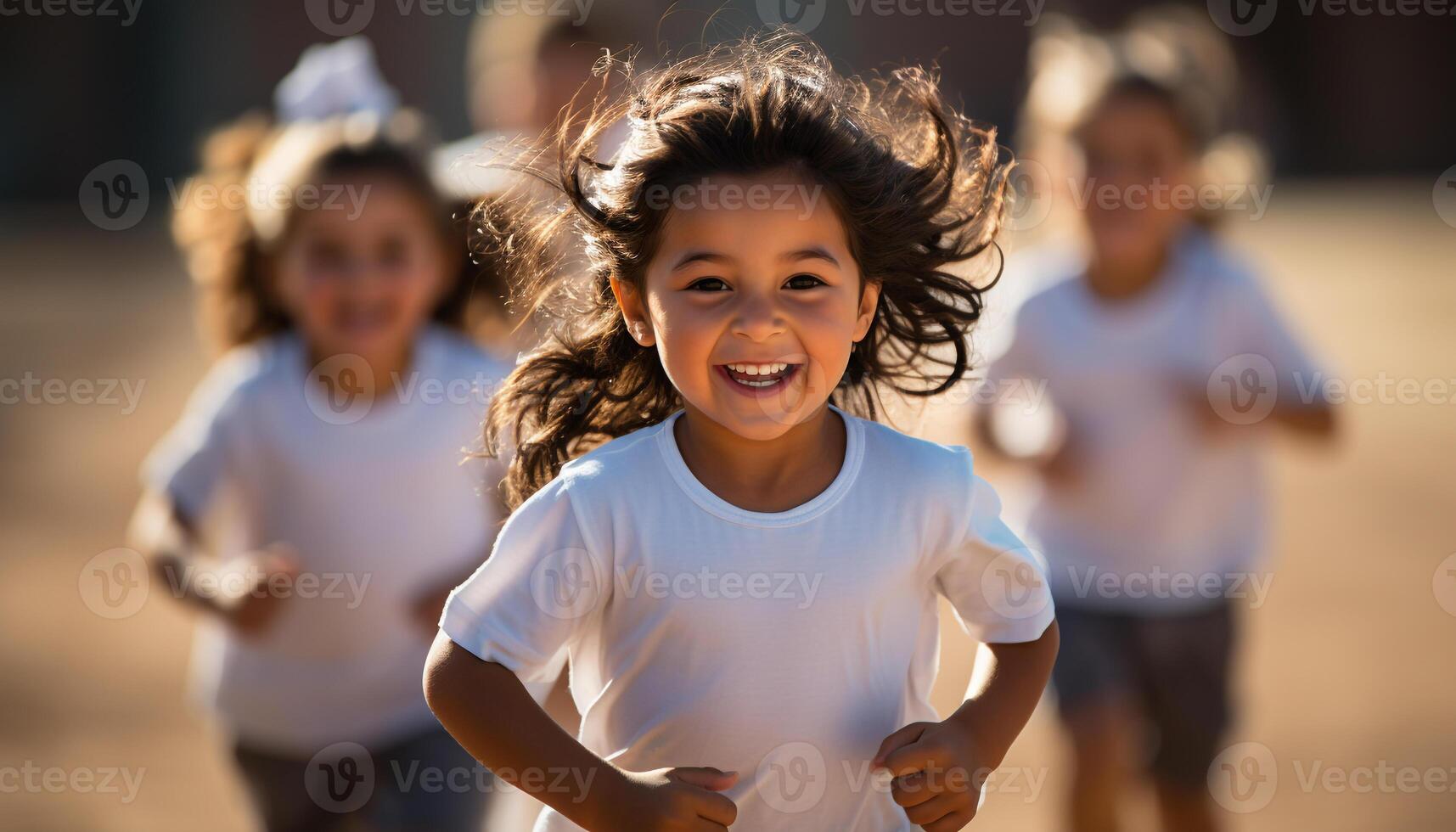 ai generato gruppo di bambini in esecuzione all'aperto, sorridente e godendo estate insieme generato di ai foto