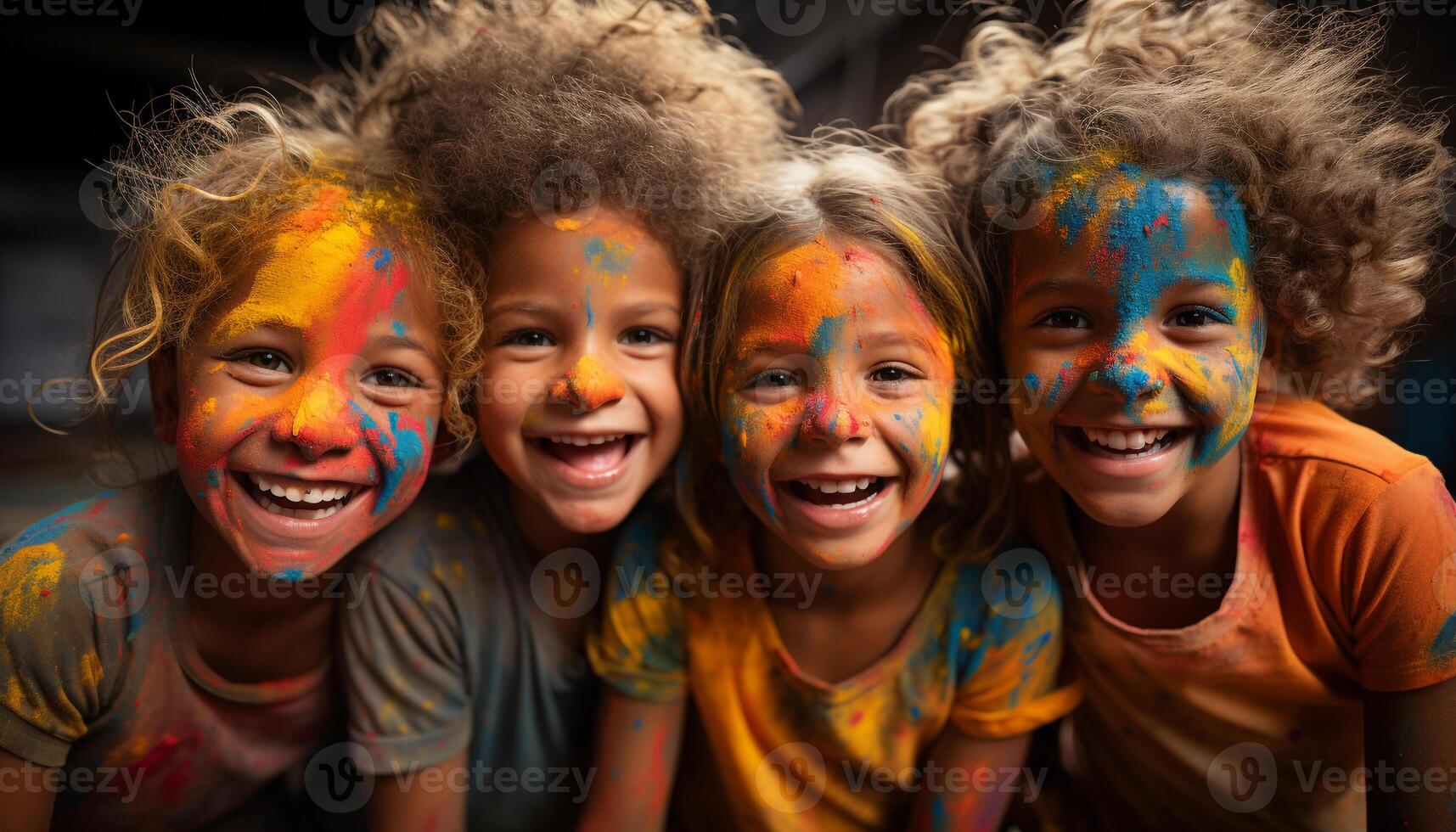 ai generato sorridente bambini godere colorato dipingere, festeggiare amicizia e gioia generato di ai foto