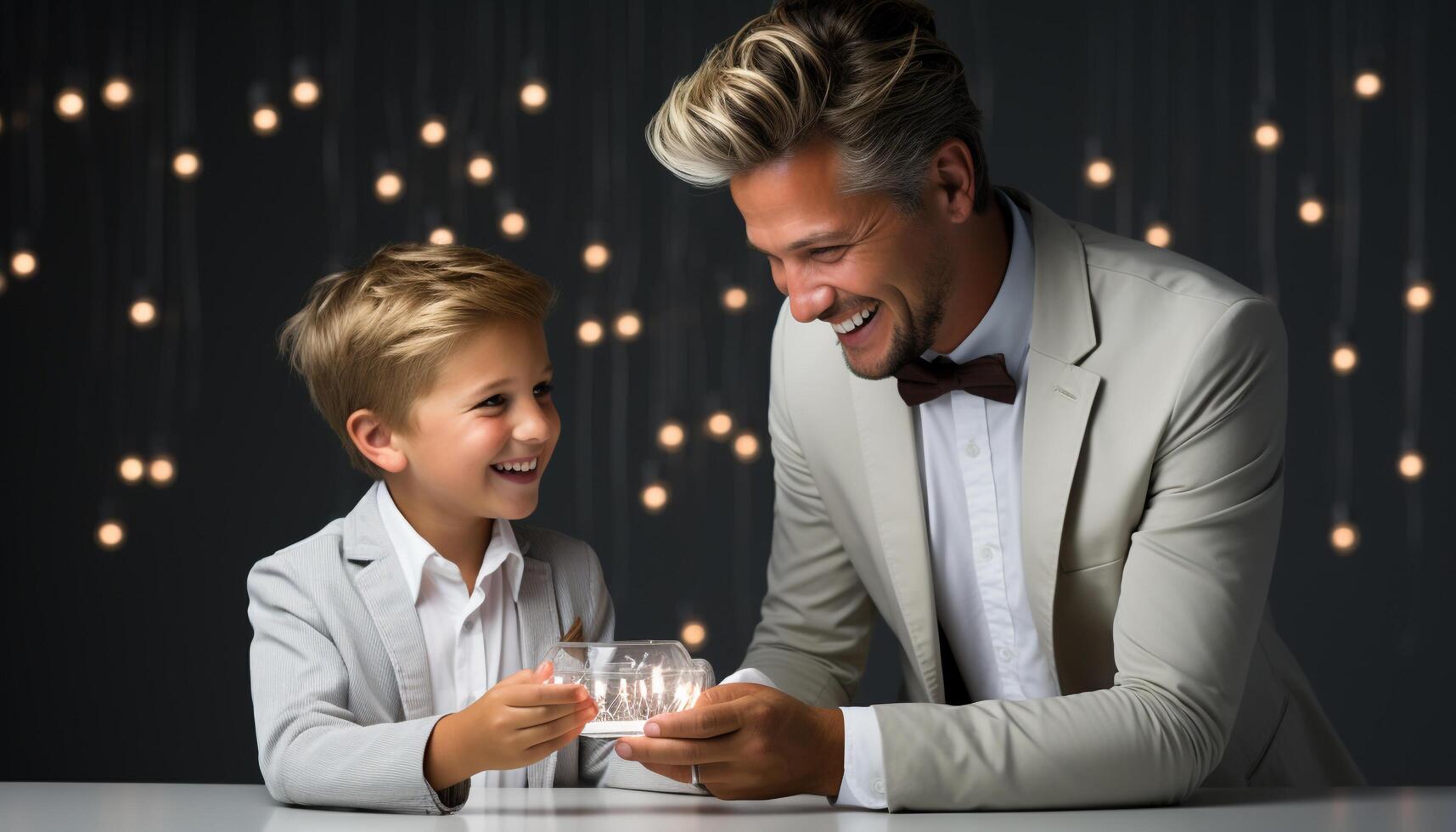 ai generato famiglia celebrazione sorridente padre e figlio, amore e gioia generato di ai foto