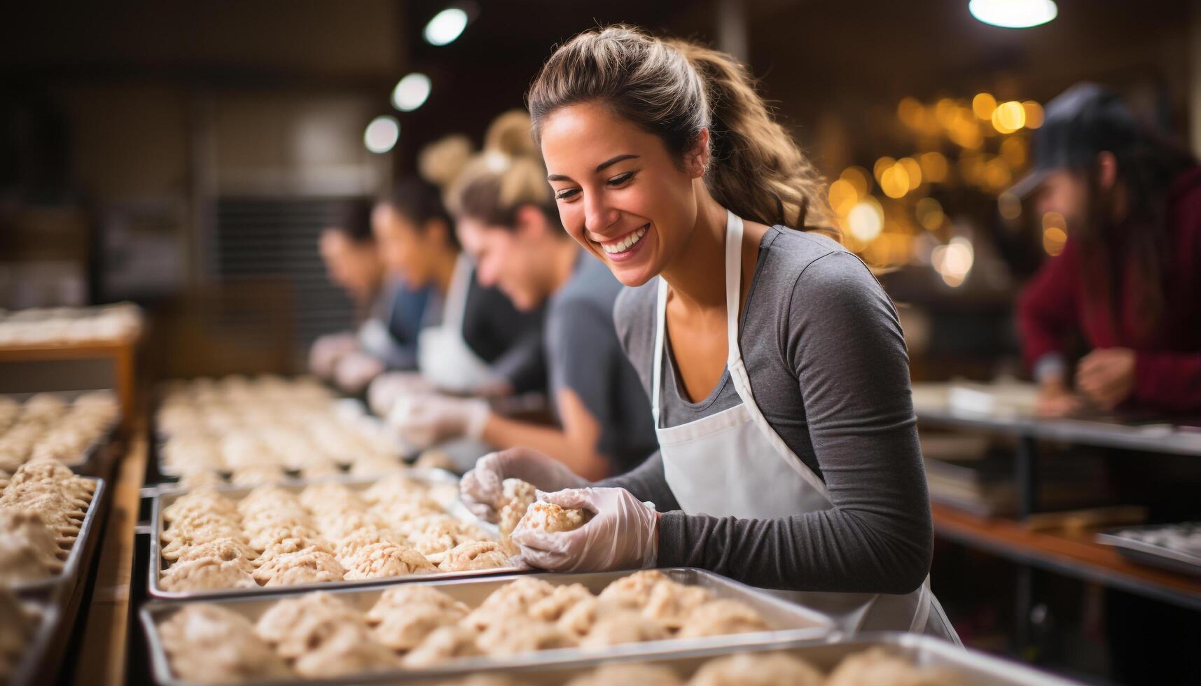 ai generato sorridente donne nel grembiuli, Lavorando insieme, cottura al forno fresco pane generato di ai foto