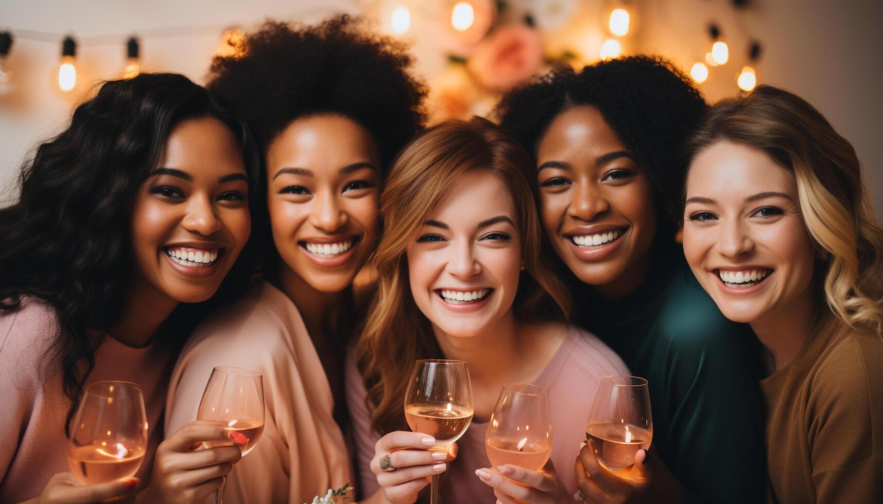 ai generato sorridente donne celebrare amicizia, felicità, e allegro vita notturna insieme generato di ai foto