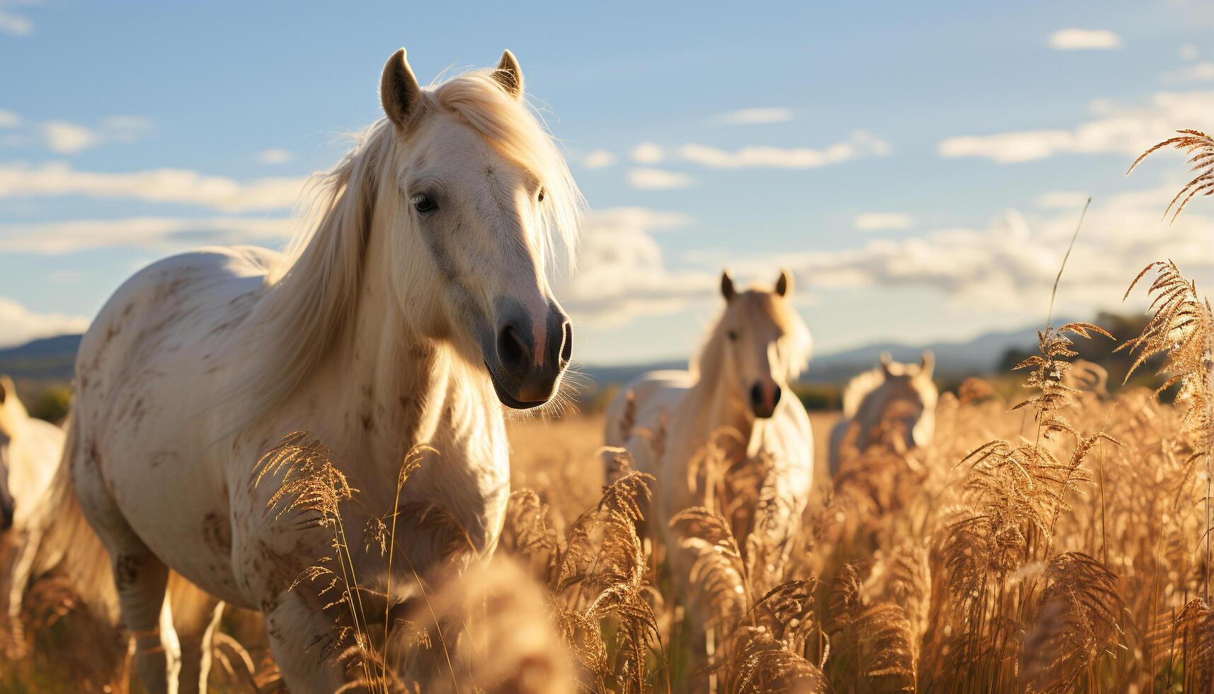 ai generato cavalli pascolo nel prato, natura bellezza a tramonto generato di ai foto