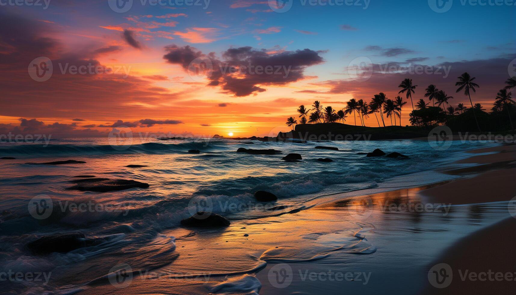 ai generato tramonto al di sopra di il tranquillo costa, natura bellezza riflessa nel acqua generato di ai foto