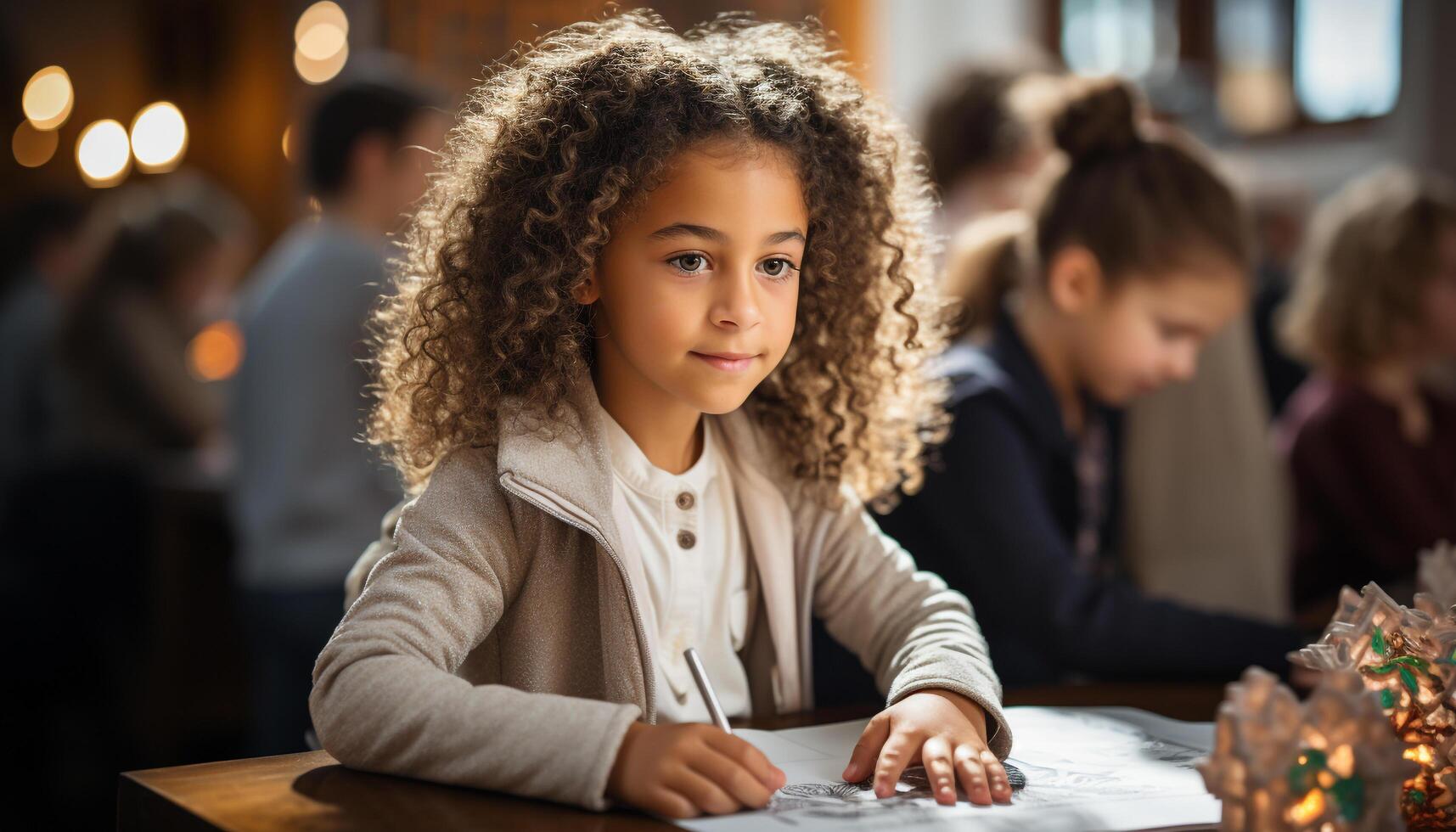 ai generato sorridente bambini studiando insieme, felicità nel il aula generato di ai foto