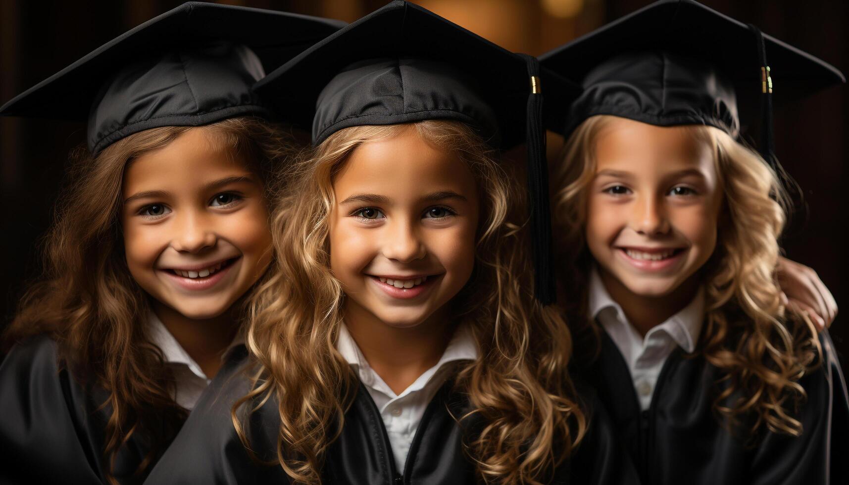 ai generato sorridente bambini nel la laurea abiti celebrare successo e amicizia generato di ai foto