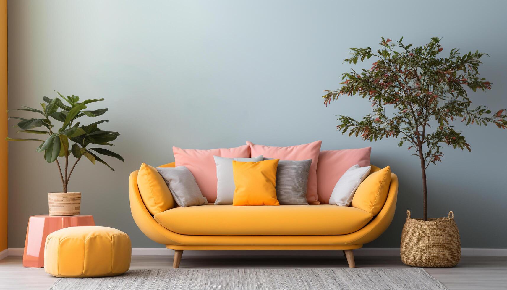 ai generato confortevole moderno vivente camera con giallo divano e blu tappeto generato di ai foto