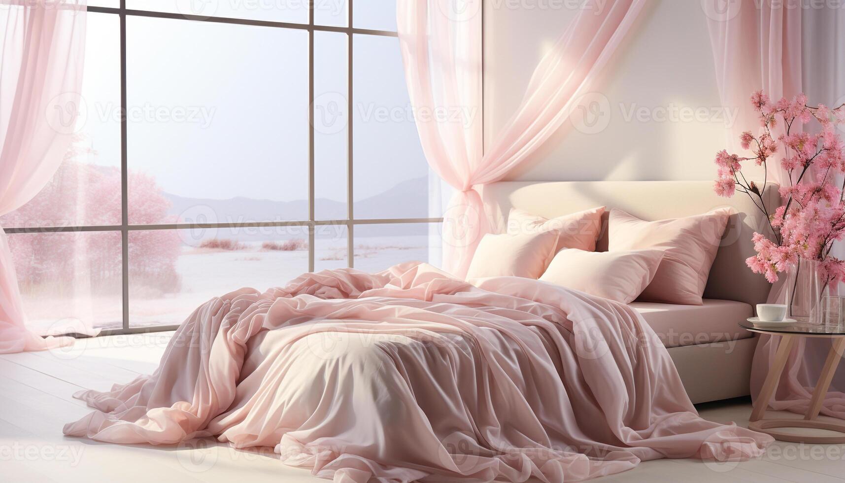 ai generato moderno Camera da letto con rosa biancheria da letto, confortevole materasso, e elegante arredamento generato di ai foto