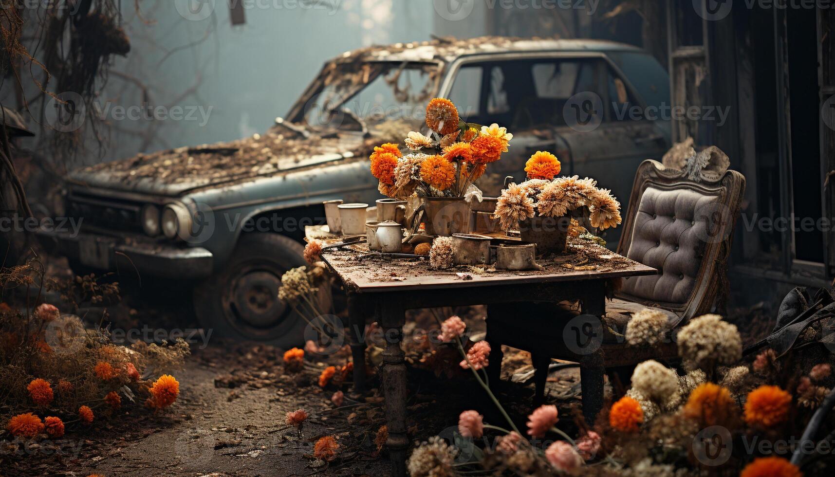 ai generato un vecchio stile tavolo con un' vaso di fiori all'aperto generato di ai foto