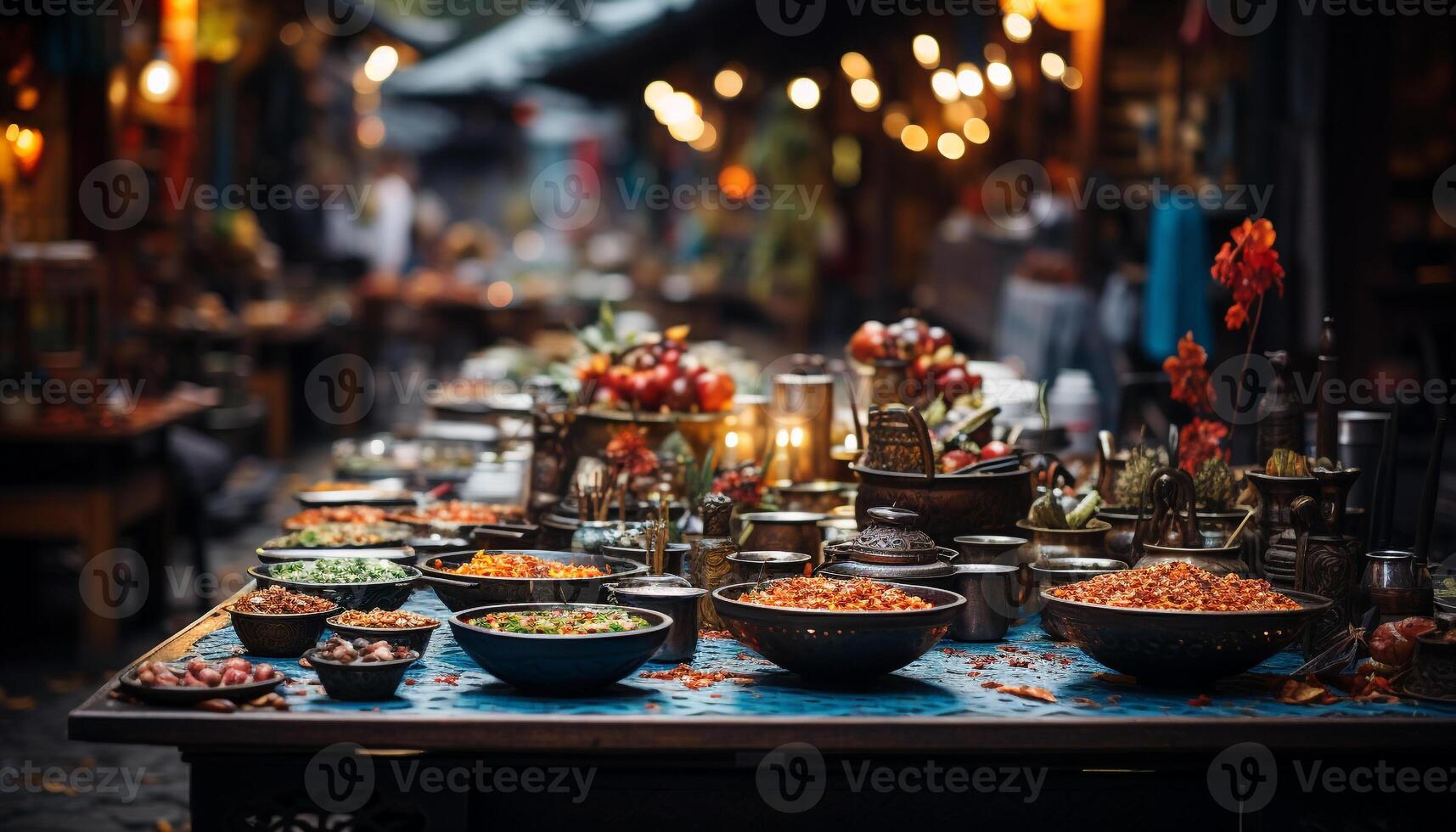 ai generato un' vivace notte mercato vendita fresco, colorato, est asiatico cucina generato di ai foto