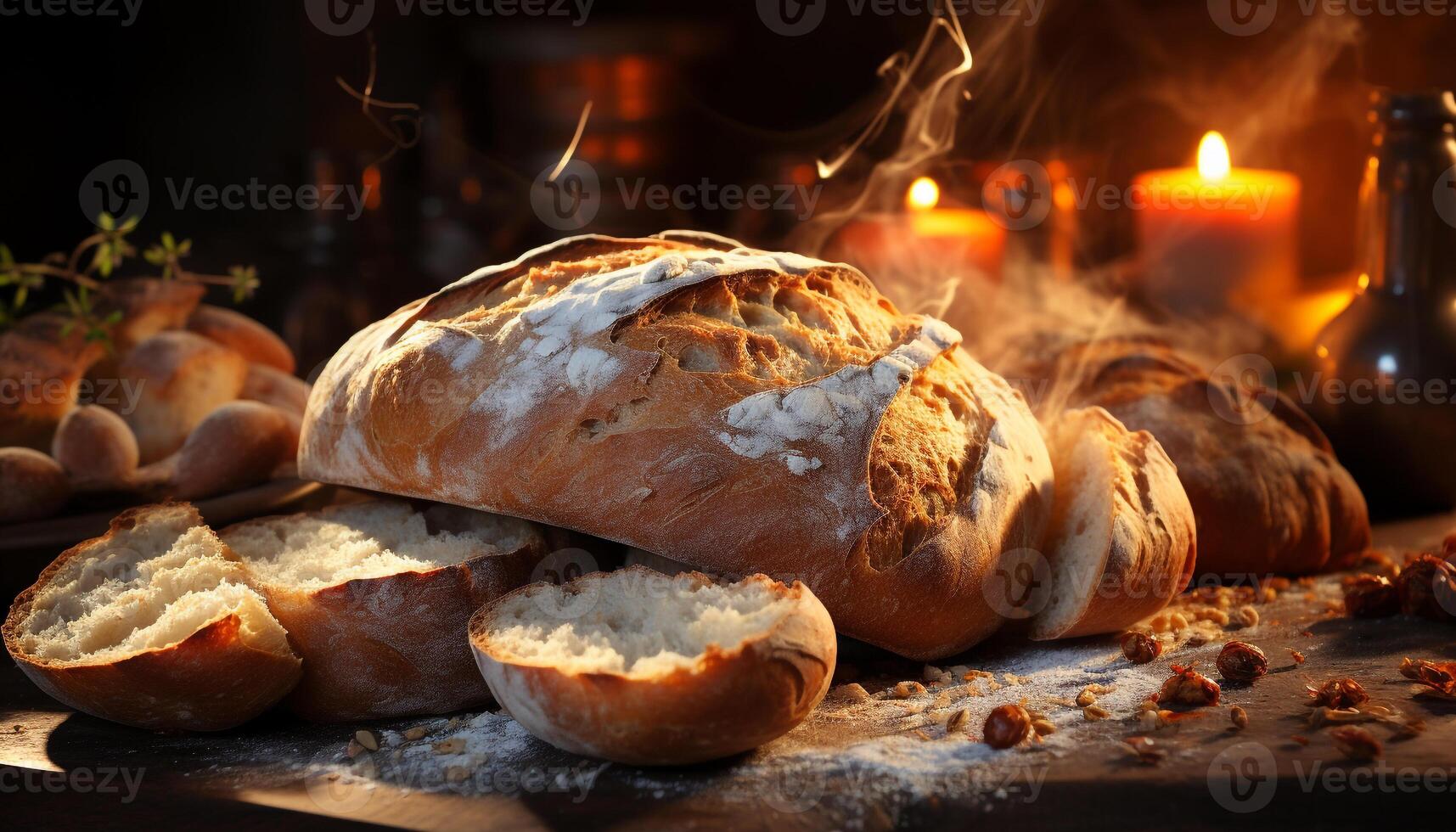 ai generato appena al forno pane su un' rustico di legno tavolo, pronto per mangiare generato di ai foto