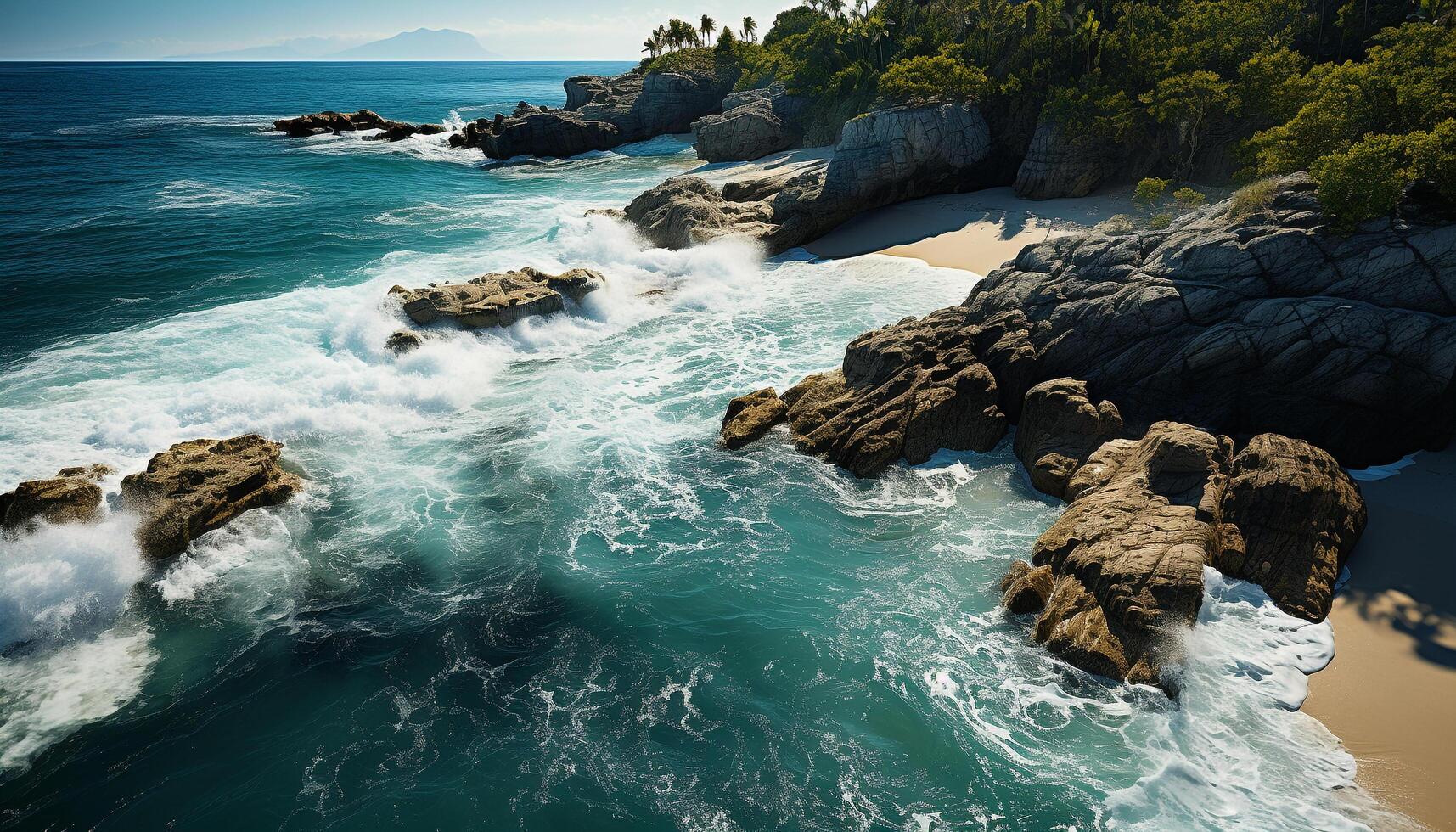 ai generato idilliaco costa, rottura onde, tranquillo tramonto, naturale bellezza, avventura attende generato di ai foto