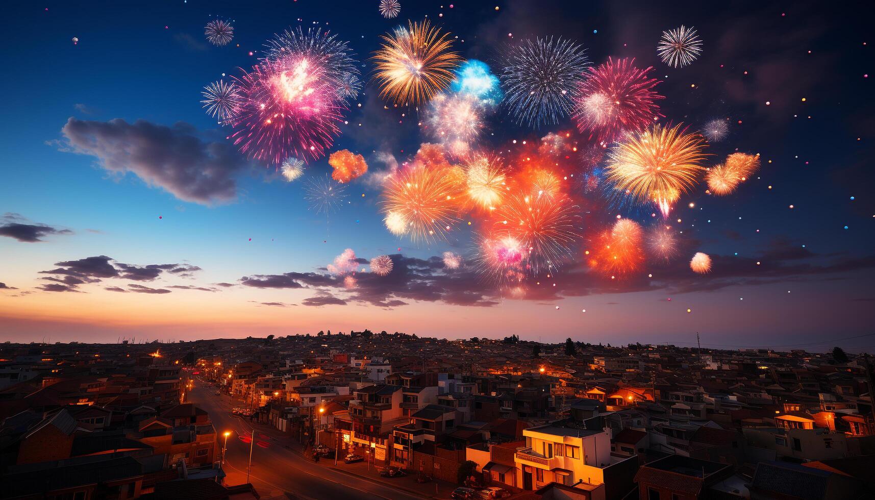 ai generato città orizzonte esplode con vivace fuochi d'artificio, accensione celebrazione e gioia generato di ai foto