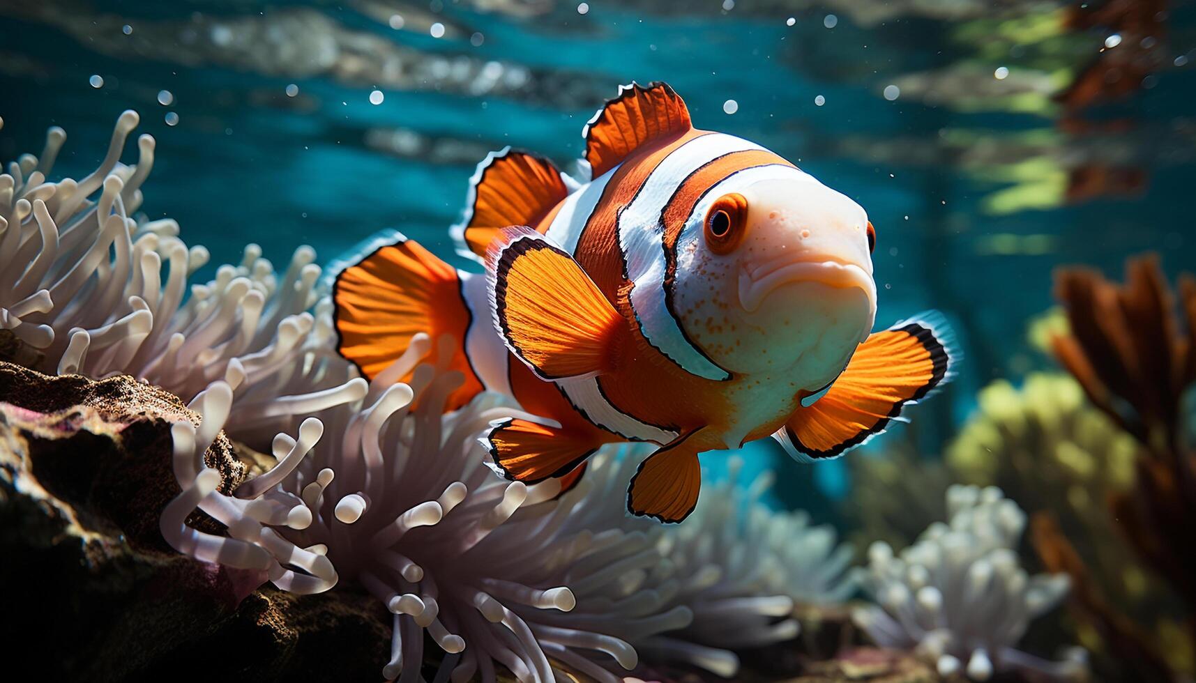 ai generato clown pesce nuoto nel vivace scogliera, in mostra naturale bellezza generato di ai foto
