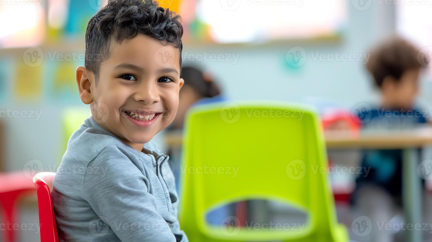 ai generato giovane ragazzo seduta nel aula. generativo ai. foto