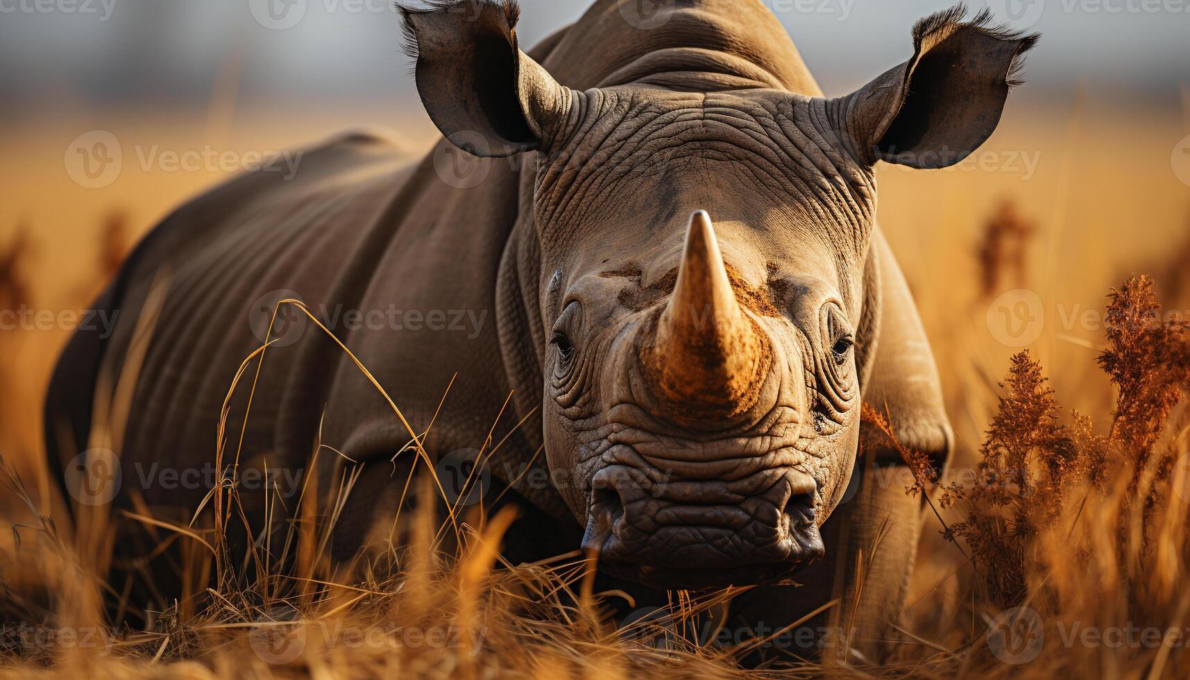 ai generato elefante pascolo su erba, rinoceronte nel il selvaggio, tramonto safari generato di ai foto