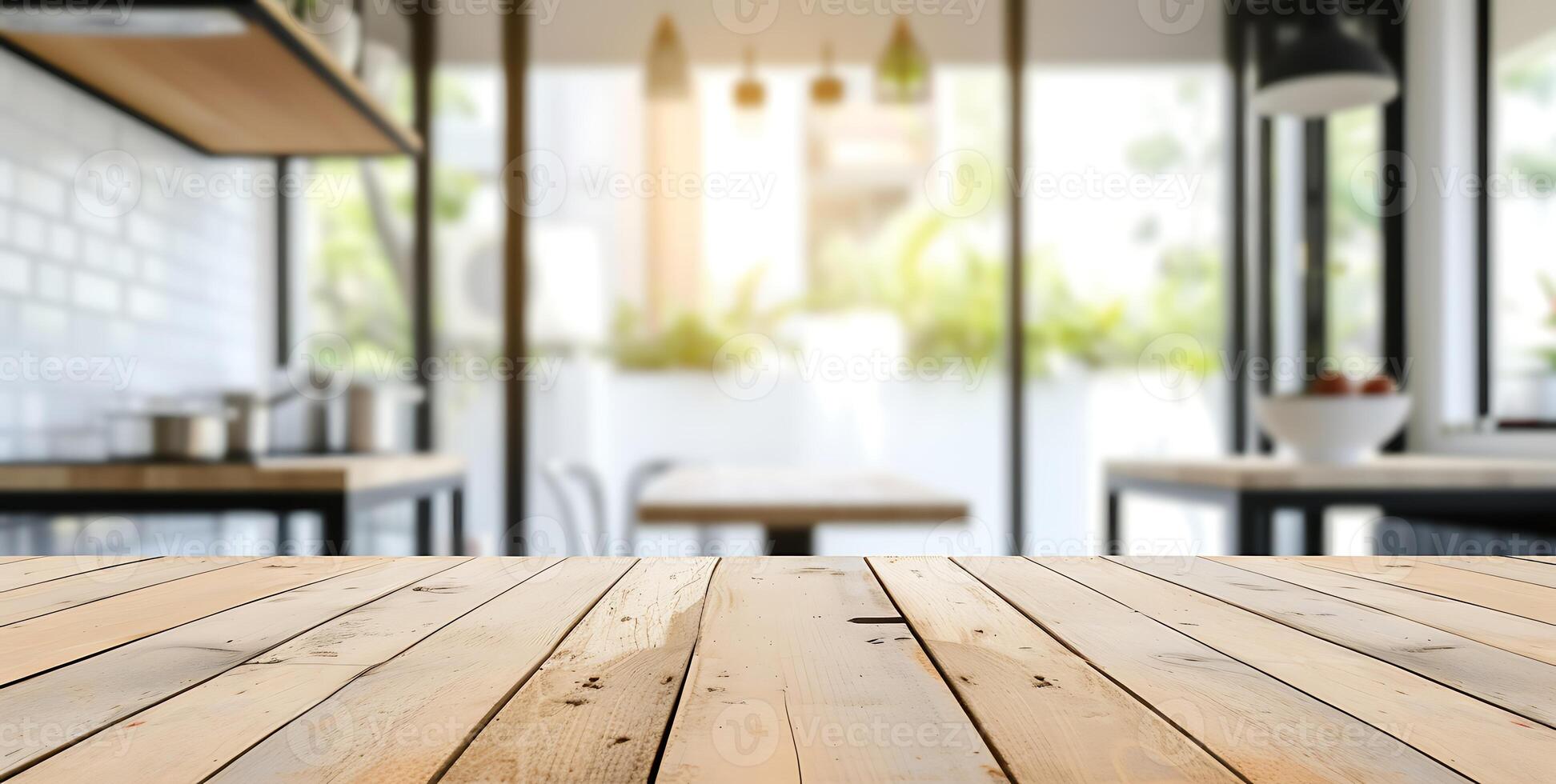 ai generato di legno tavolo superiore nel moderno cucina. generativo ai. foto