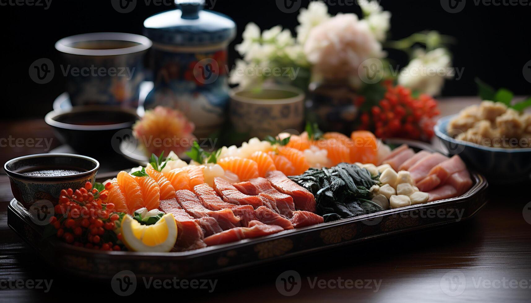 ai generato fresco frutti di mare sashimi piatto, salutare giapponese pranzo con variazione generato di ai foto